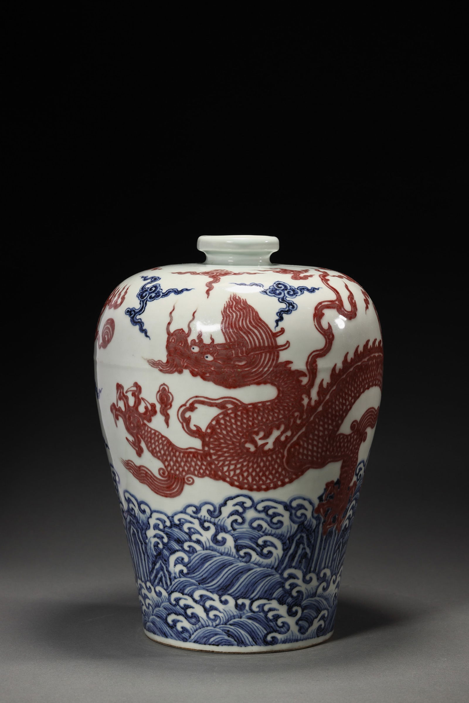 COPPER RED GLAZE AND UNDERGLAZE BLUE DRAGON AND SEAWAVE MEIPING (1 of 5)