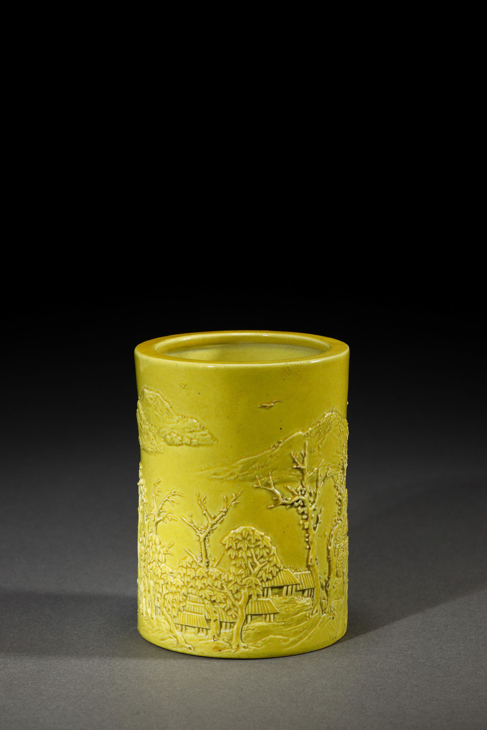 INCISED YELLOW GLAZE LANDSCAPE BRUSH POT (1 of 4)