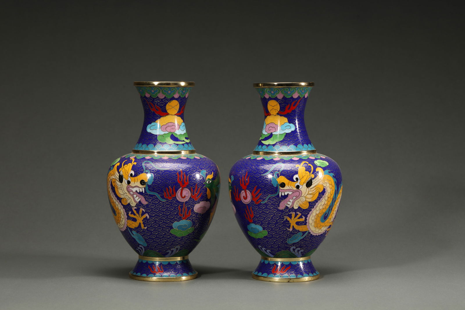 PAIR OF CLOISONNE ENAMEL DRAGON VASES (1 of 4)