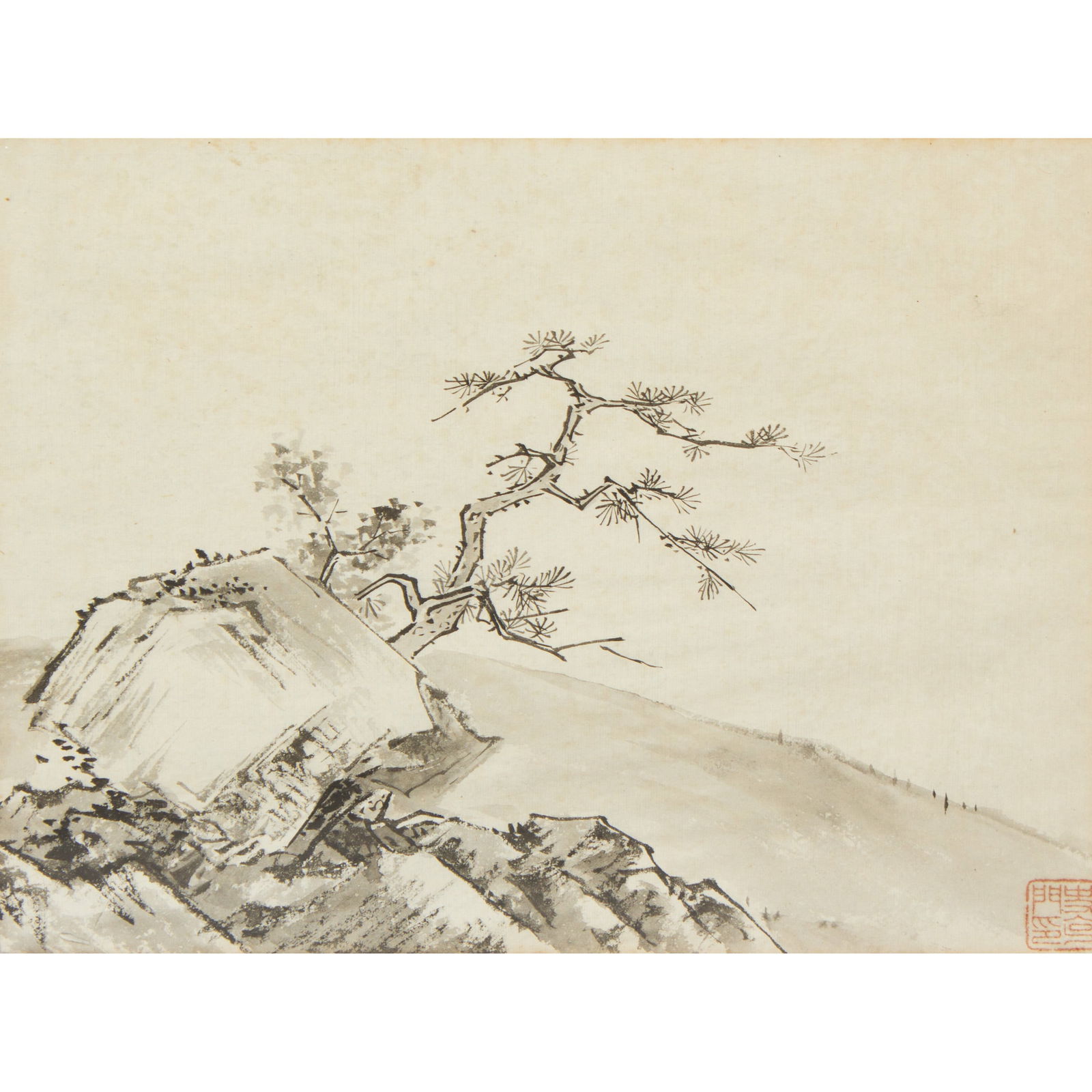 ANONYMOUS (QING DYNASTY) - CHINESE PAINTING OF TREE ON ROCK: Anonymous (Qing dynasty), Chinese painting of tree on rock, ink and color on paper, mounted and framed. The painting describes one pain tree grows on the rocks, with seal of anonymous artist. Image: 9