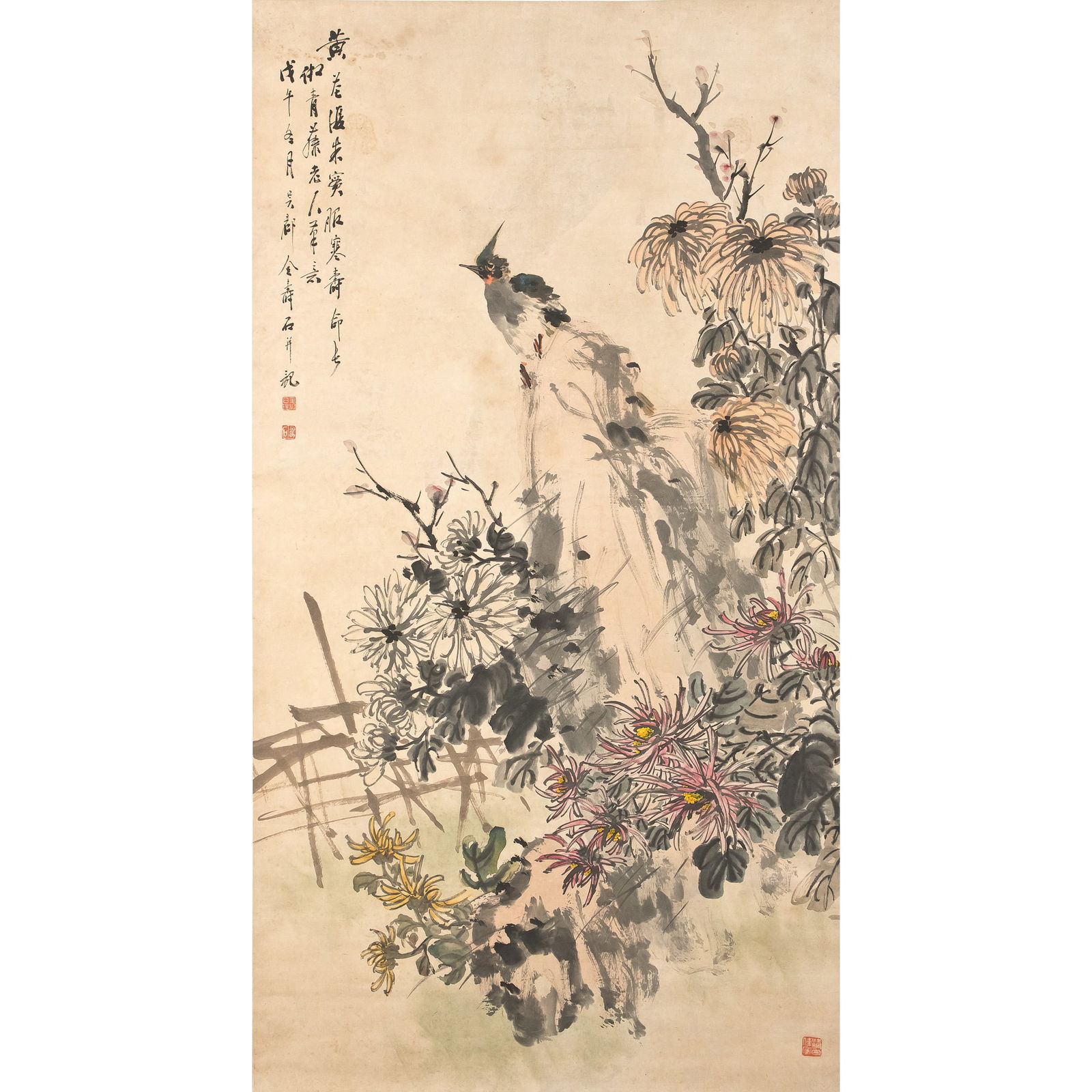 JIN SHOUSHI (1885-1928) - LARGE CHINESE PAINTING SCROLL OF BIRD AND FLOWERS, (1 of 4)