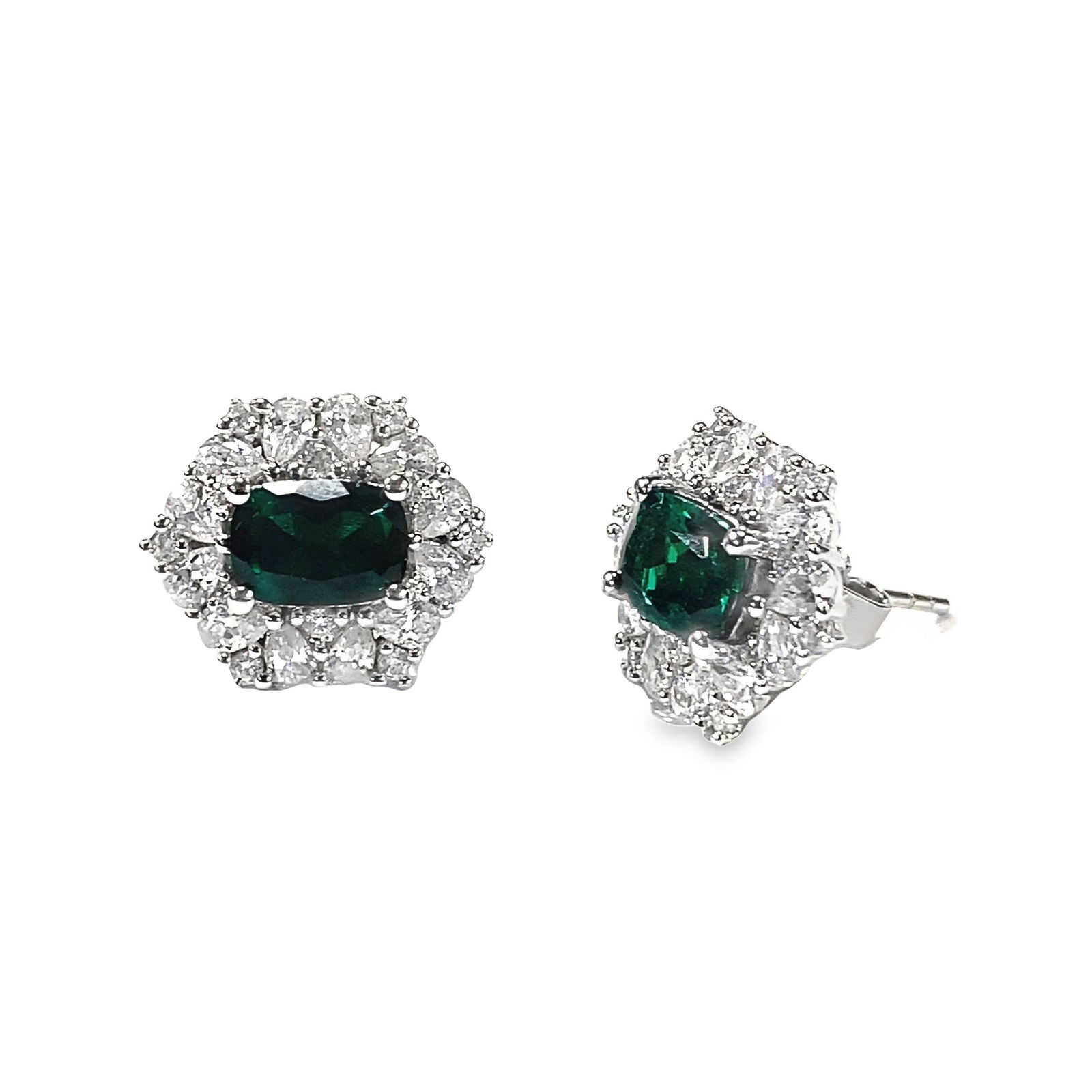 LAB-GROWN EMERALD AND DIAMOND EARRINGS: (lot of 2) Lab-grown emerald and diamond earrings.Overall 0.47"h x 0.39"w (1.2 x 1 cm) (x2)