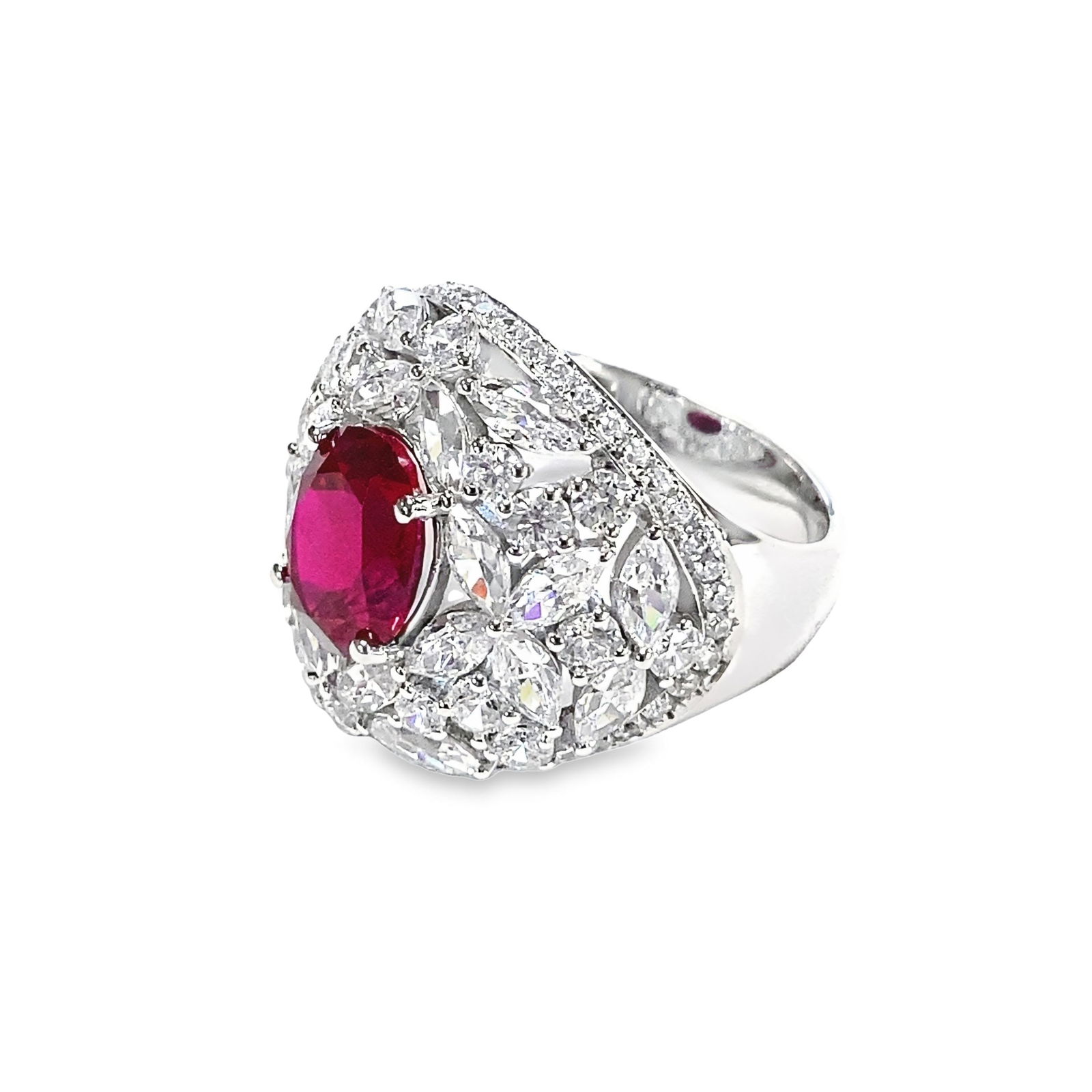 LAB RUBY, DIAMOND AND STERLING SILVER RING - 2