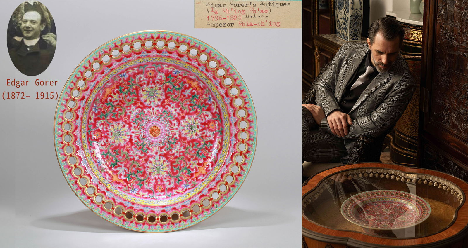 A RUBY-RED GROUND FAMILLE-ROSE STEM DISH: A ruby-red ground famille-rose reticulated stem dish.Diameter 38 cm.