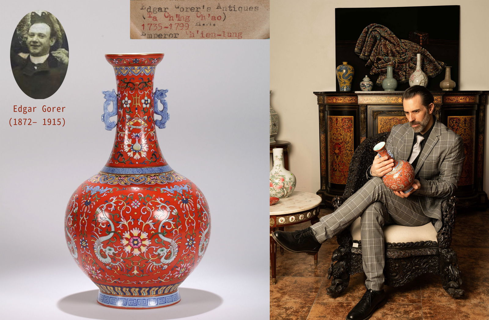 A RED-GROUND FAMILLE-ROSE VASE: A red-ground famille-rose vase decorated with floral design and double handles.Height 31.5 cm.