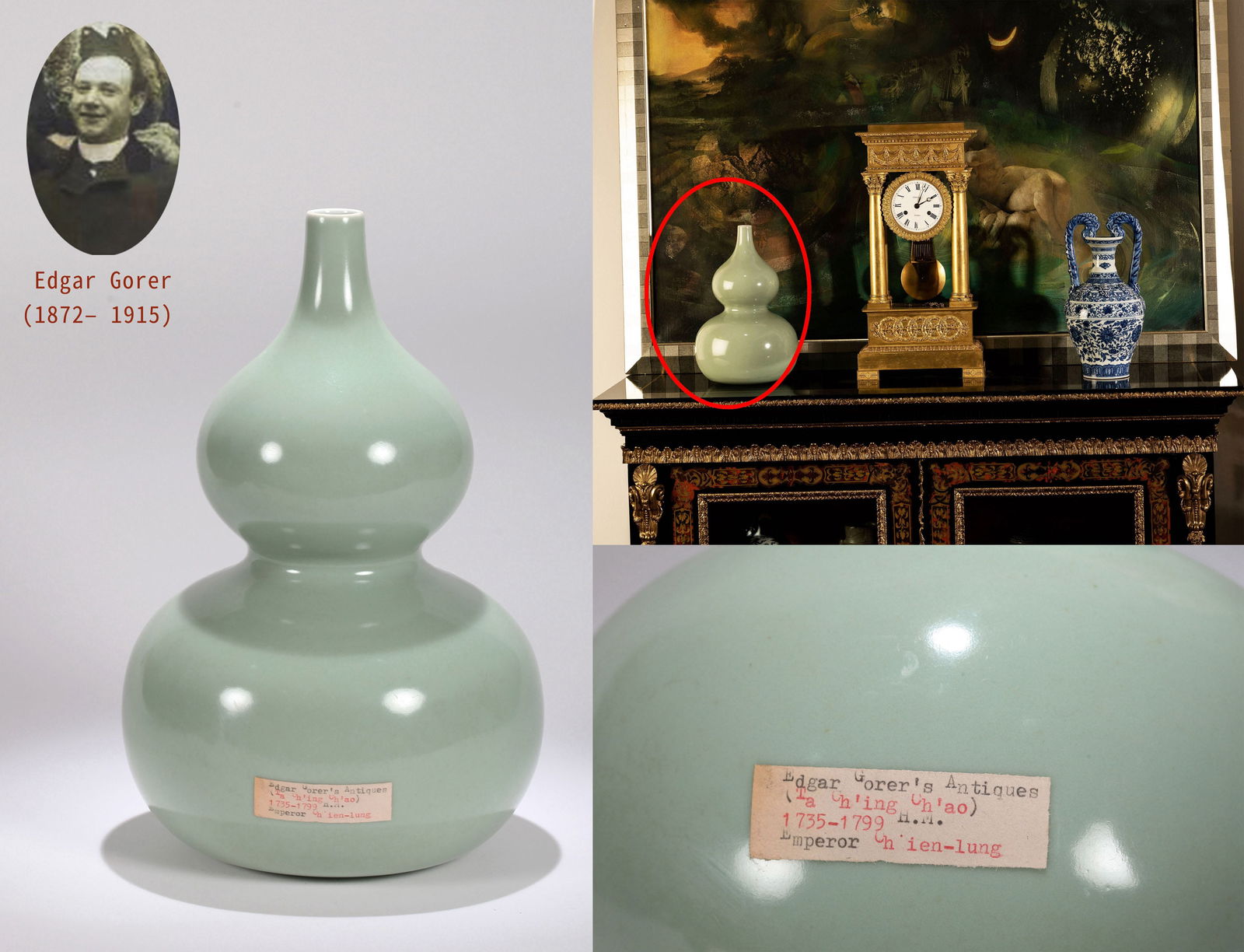 A CELADON-GLAZED GOURD VASE: A celadon-glazed gourd vase.Height 32 cm.