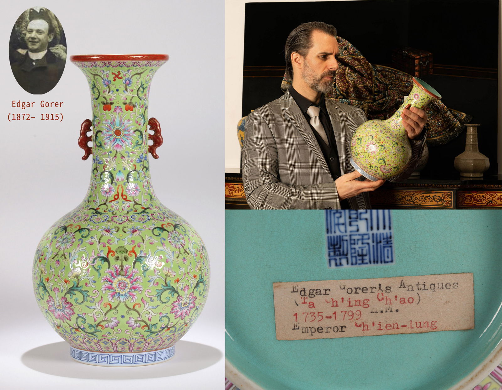 A GREEN-GROUND FAMILLE-ROSE VASE: A green-ground famille-rose vase decorated with floral design and double handles.Height 36 cm.