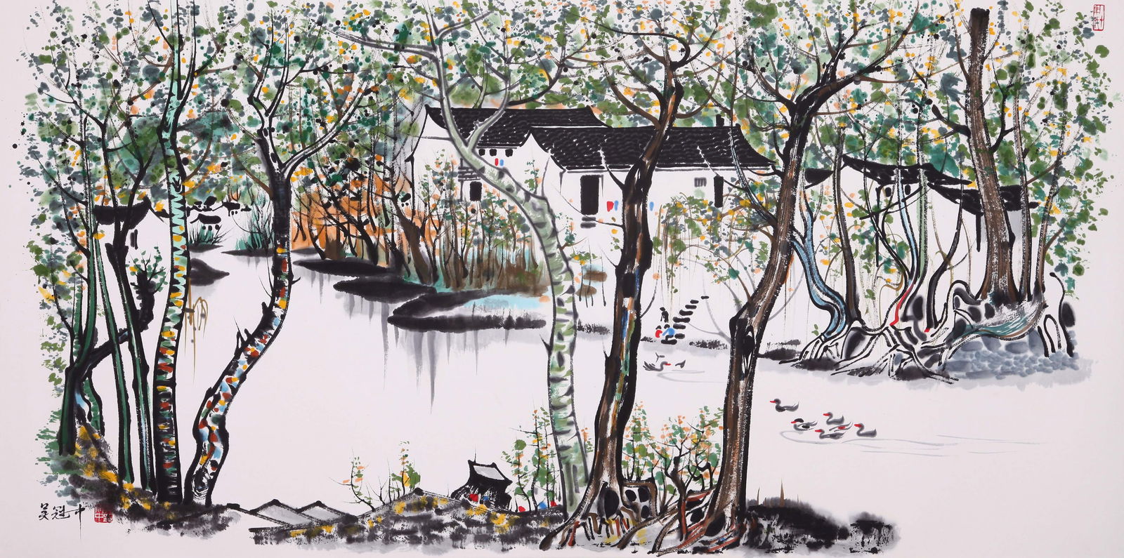 WU GUANZHONG, ATTRIBUTED TO, LANDSCAPE, MOUNTED FOR FRAMING: Attributed to Wu Guanzhong. Landscape of Jiangnan. Ink and color on paper, mounted for framing.69 x 138 cm.Condition: Creases and stains on the mounting and the painting.