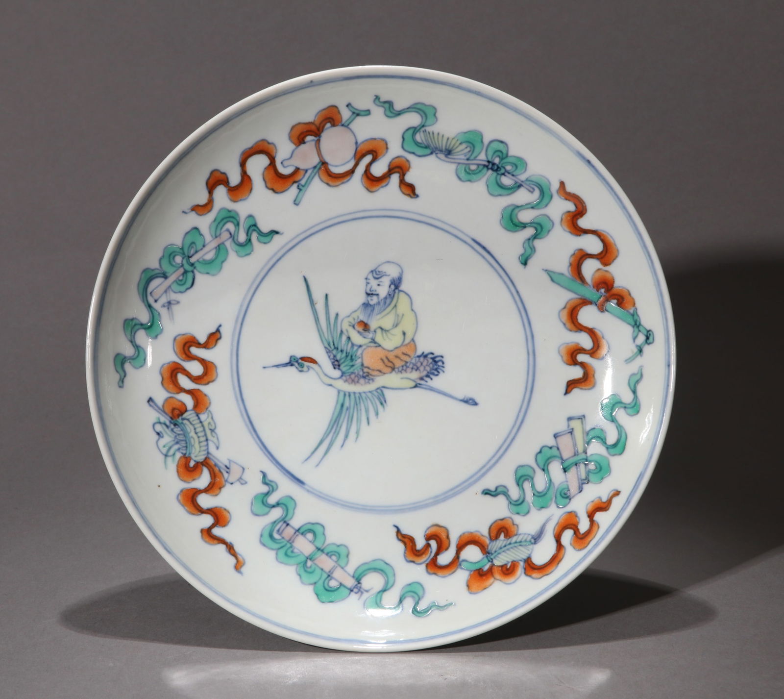 A DOUCAI 'CRANE AND LONGEVITY' DISH: A Doucai dish decorated with crane and longevity design.Diameter 20 cm.