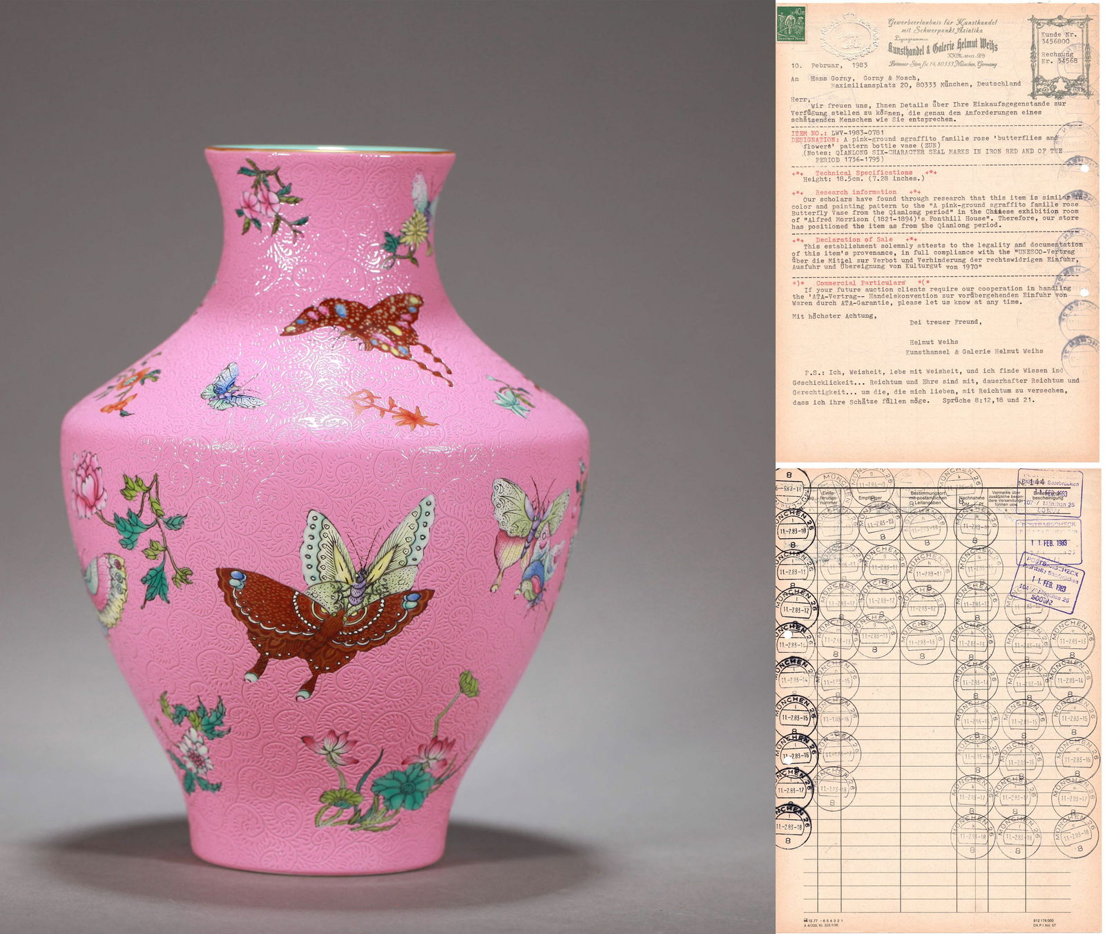 A RUBY-RED GROUND SGRAFFIATO FAMILLE-ROSE VASE: A ruby-red ground famille-rose Sgraffiato vase decorated with flowers and butterflies.Height 18 cm.Note: With a receipt.