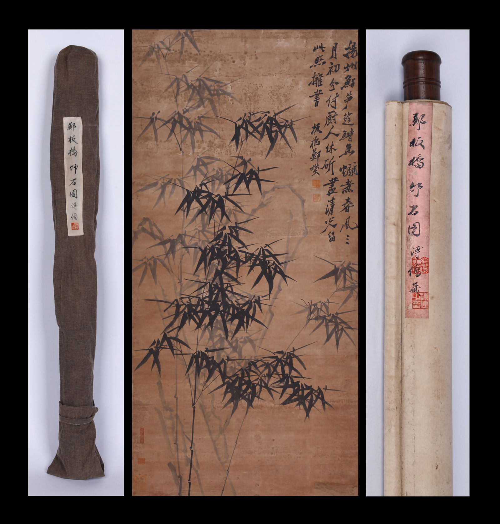 ZHENG BANQIAO, ATTRIBUTED TO, BAMBOO AND ROCK, HANGING SCROLL: Attributed to Zheng Banqiao. Bamboo and Rock. Ink on paper, hanging scroll. 136 x 66 cm. Condition: Creases, stains and yellow spots on the mounting and the painting. Note: By repute, from the collect