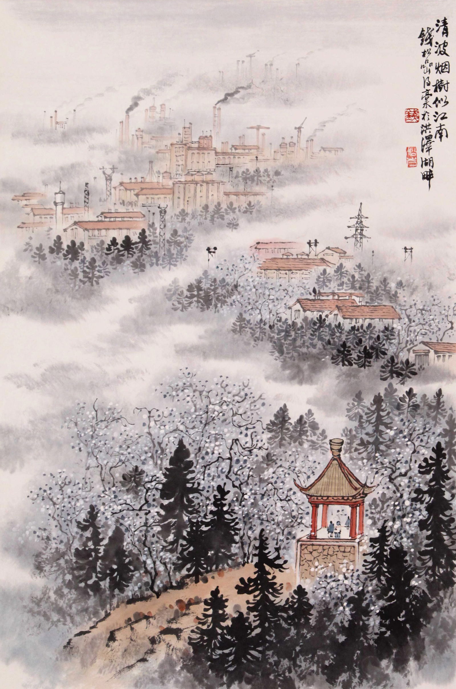 QIAN SONGYAN, ATTRIBUTED TO, LANDSCAPE, HANGING SCROLL: Attributed to Qian Songyan. Landscape of Jiangnan. Ink on paper, hanging scroll.69 x 45 cm.Condition: Creases on the mounting and the painting.