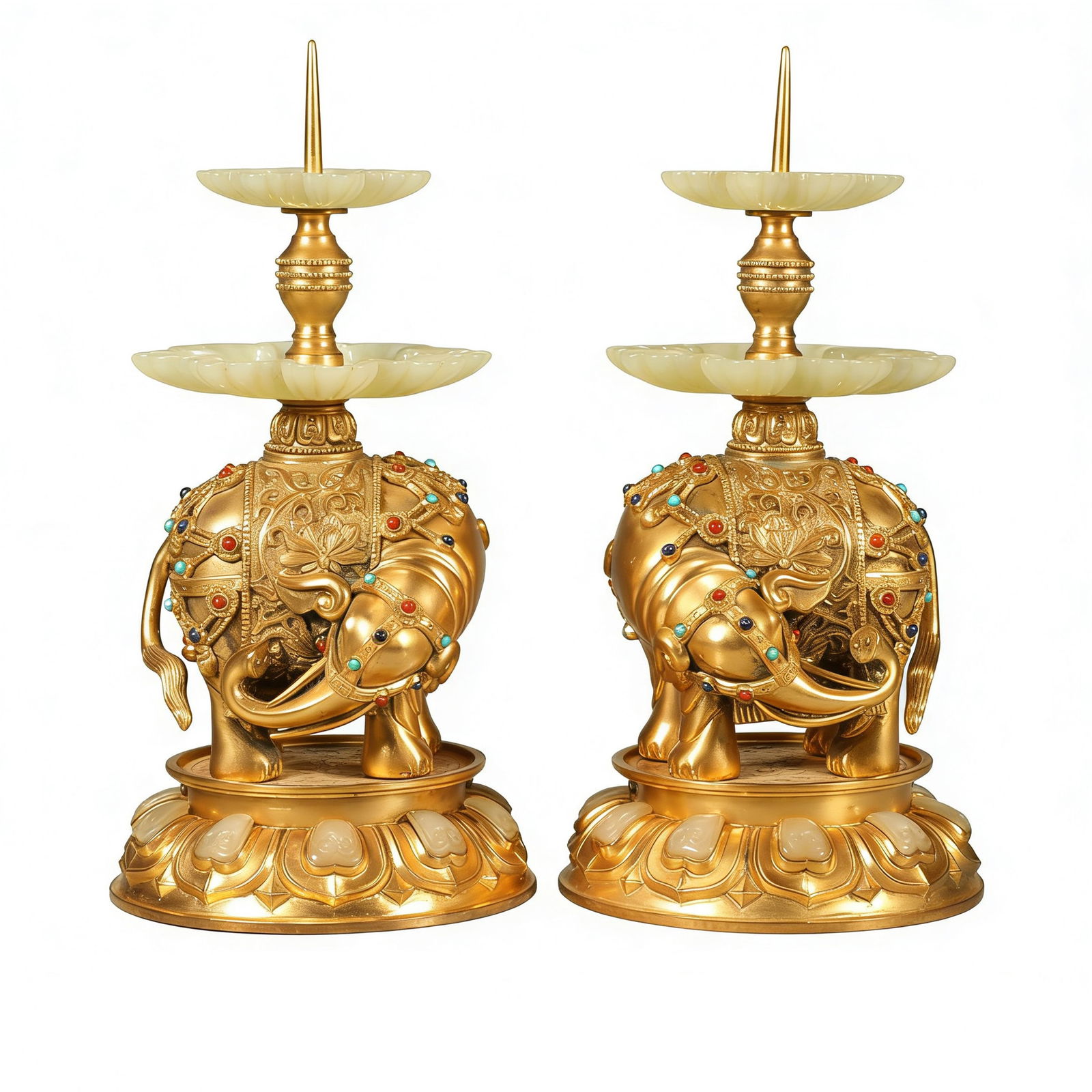 A PAIR OF GILT-BRONZE CANDLESTICKS INLAID WITH JADE (1 of 7)