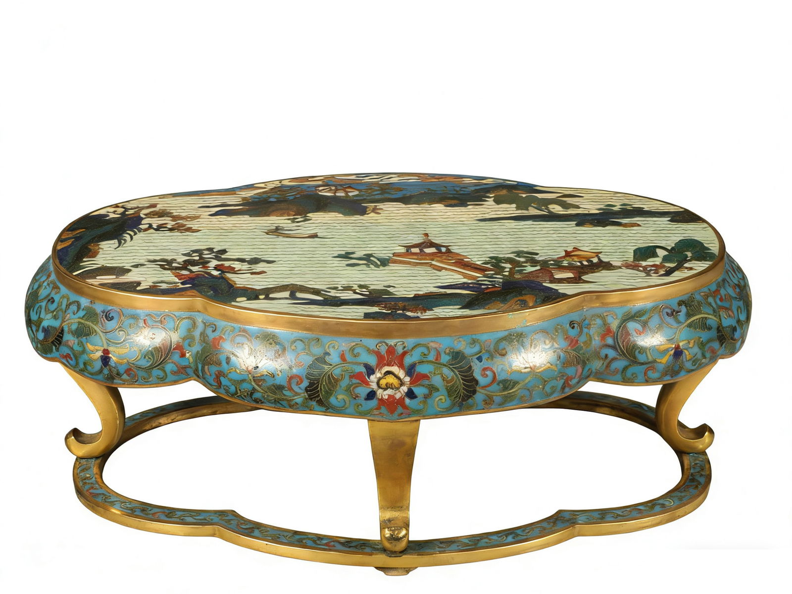 A CLOISONNE ENAMEL STAND: A cloisonne enamel stand decorated with landscape and figures.30 x 20 x 12 cm.