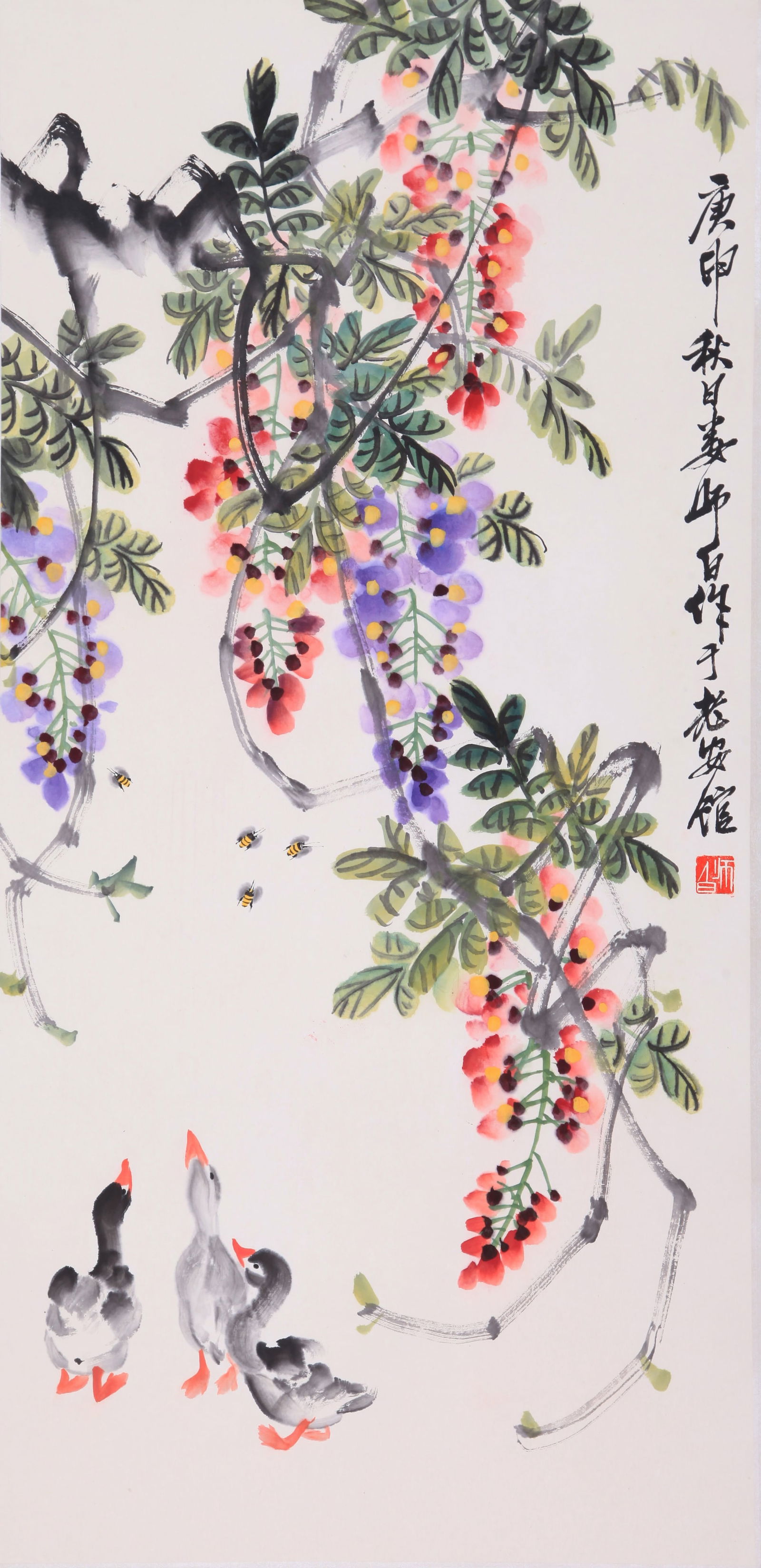LOU SHIBAI, ATTRIBUTED TO, WISTERIA AND DUCKS, HANGING SCROLL: Attributed to Lou Shibai. Wisteria and Ducks. Ink on paper, hanging scroll.104 x 50 cm.Condition: Creases and stains on the mounting and the painting.