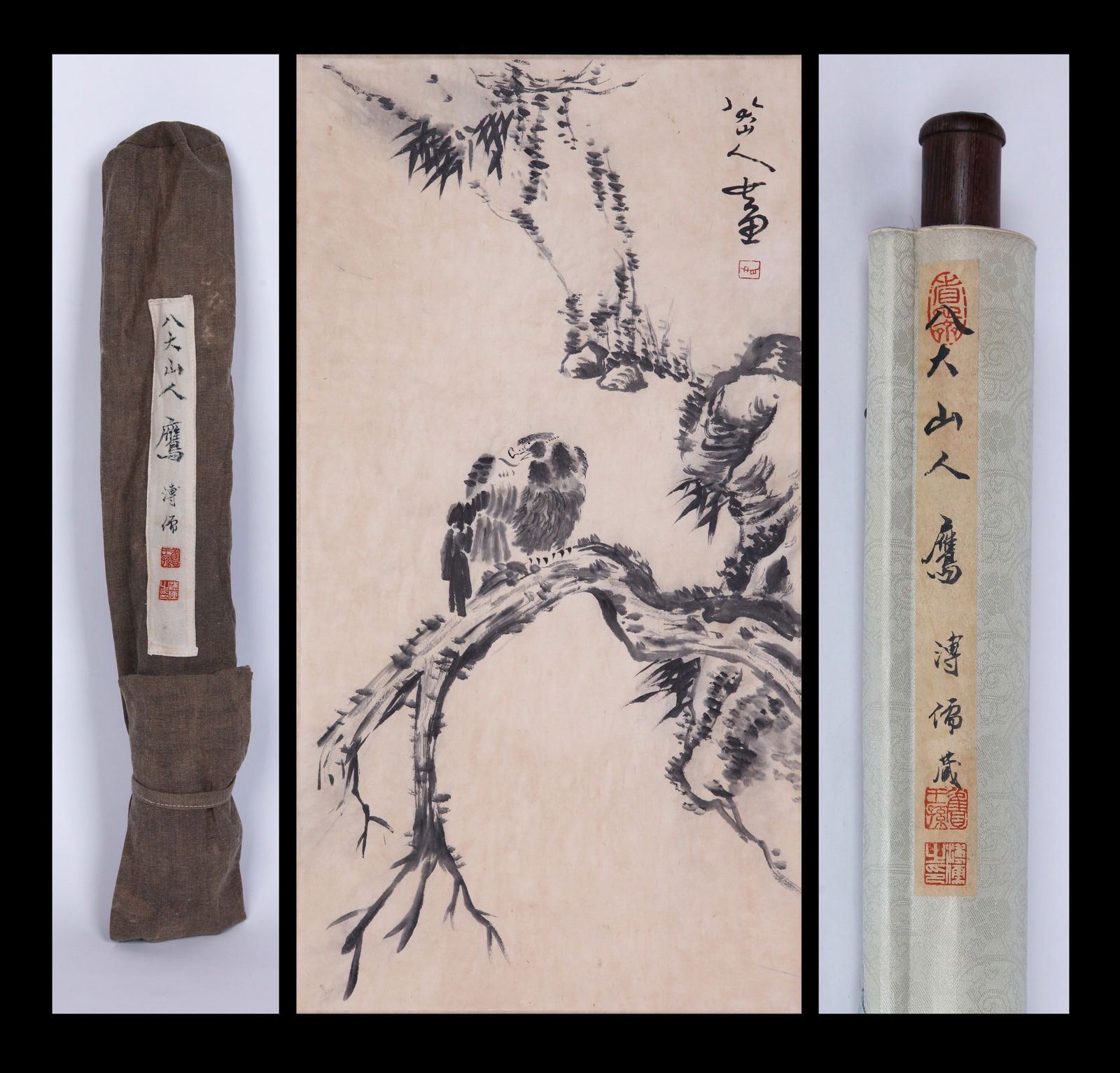 BADA SHANREN, ATTRIBUTED TO, EAGLE, HANGING SCROLL: Attributed to Bada Shanren. Eagle. Ink on paper, hanging scroll. 69 x 37 cm. Condition: Creases and stains on the mounting and the painting. Note: By repute, from the collection of Aisin Gioro Pu Ru.