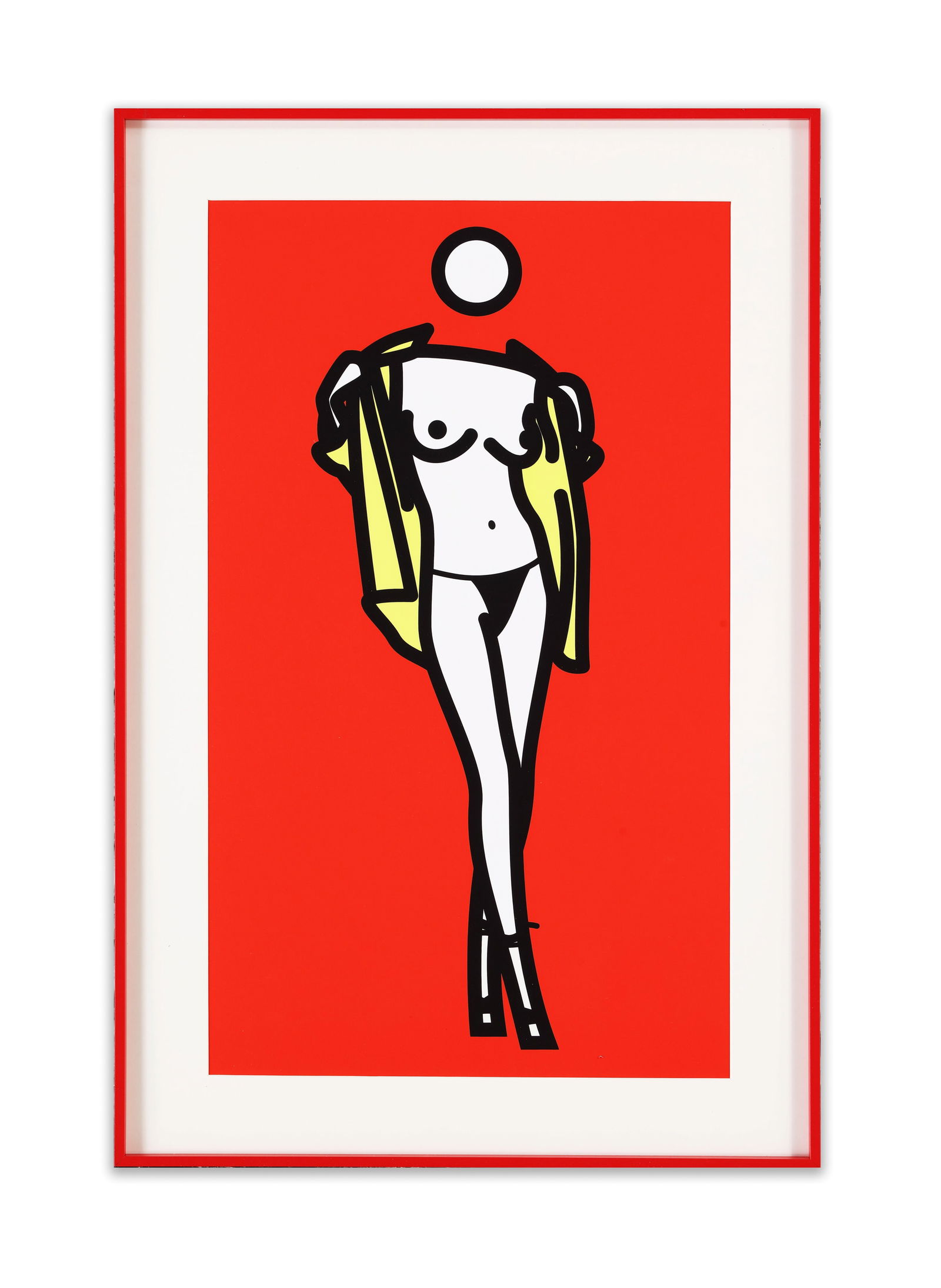 JULIAN OPIE, ATTRIBUTED TO, PRINT 'STANDING NUDE WITH JACKET, RED BACKGROUND': A print featuring a radical reduction of the human figure into simplified outlines and flat planes of color, consistent with Opie's established graphic precision and visual economy. Dimensions: Framed