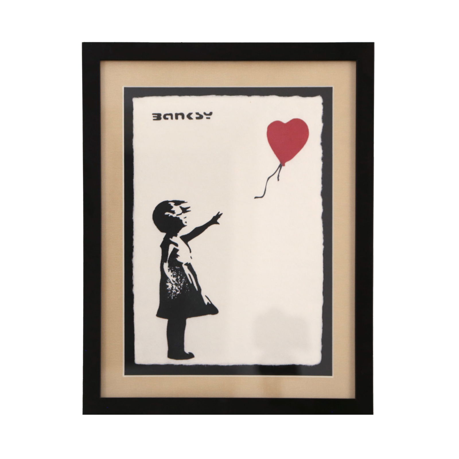 BANKSY (B. 1974), ATTRIBUTED TO, STENCIL SPRAY ON PAPER 'GIRL WITH BALLOON': The work presents a side-profile silhouette of a young girl extending her arm toward a floating red heart-shaped balloon, executed in flat black stencil. The upper margin bears a signature reading 'Ba