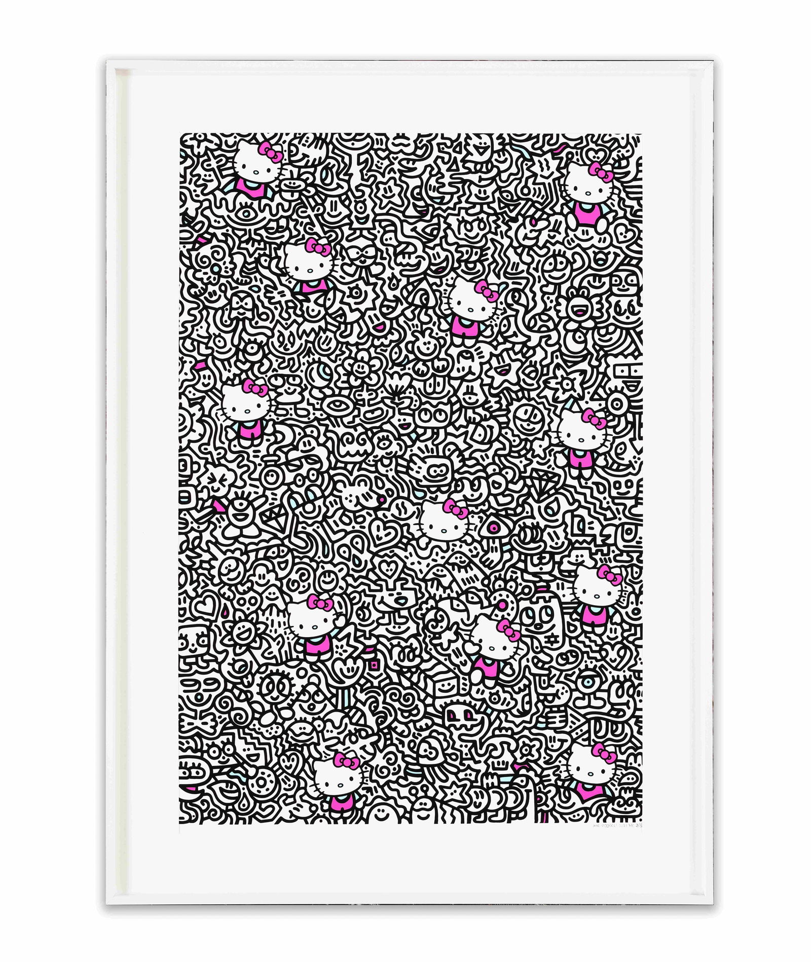 PRINT 'HELLO KITTY PATTERN COMPOSITION': A print combining the Hello Kitty character with dense black line drawings, rhythmic symbols, and animated motifs inspired by 1980s street art and Neo-Pop aesthetics. Dimensions: Framed: 70 x 50 cm. A