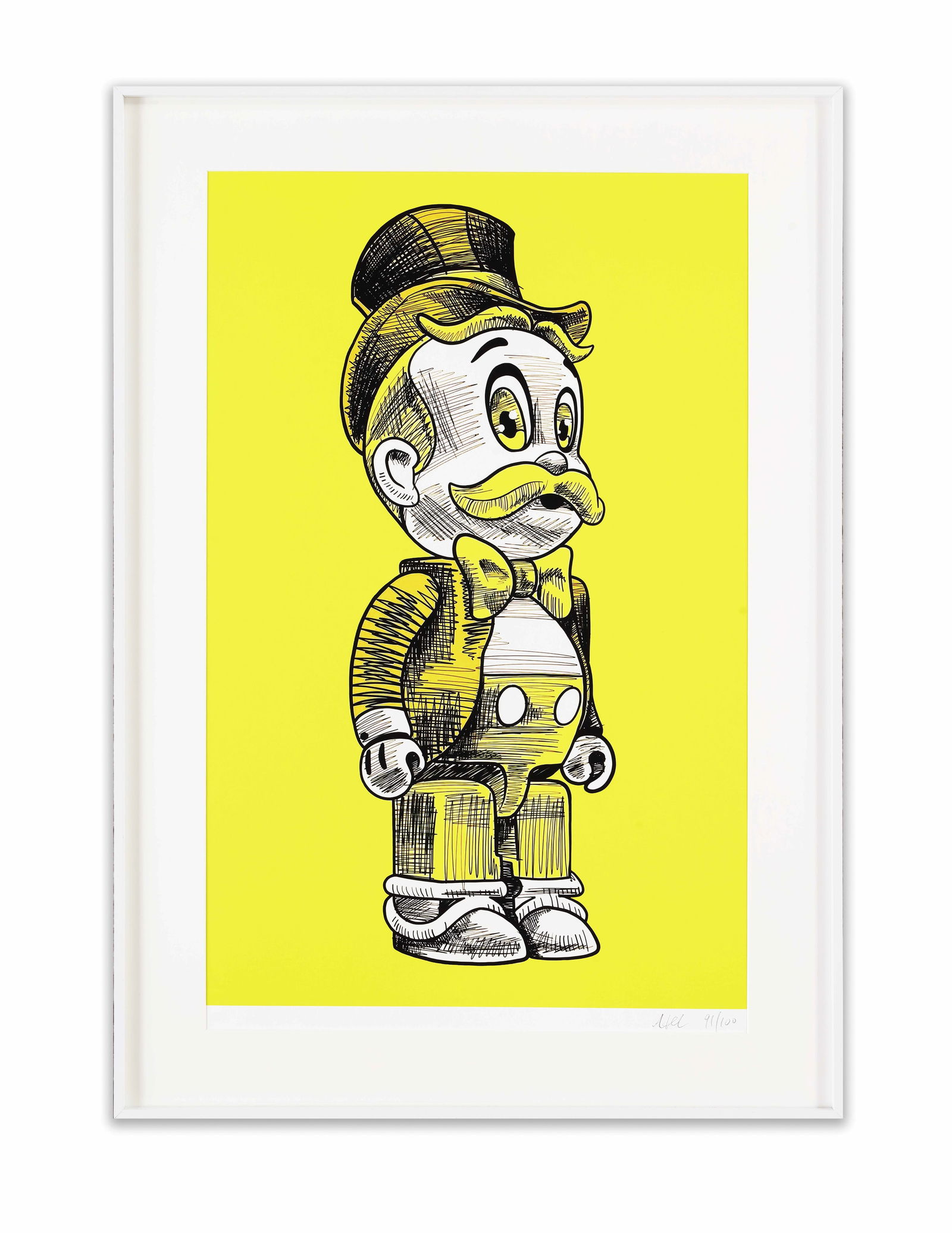 PRINT 'CARTOON FIGURE ON YELLOW BACKGROUND': A print that reinterprets a familiar cartoon archetype through expressive hand-drawn line work and simplified sculptural form. An edition number is present at the lower margin.Dimensions: Framed: 70