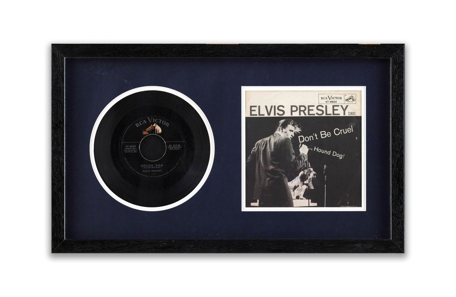 ELVIS PRESLEY VINYL RECORD 'DONT BE CRUEL / HOUND DOG' BEARING SIGNATURE: A framed 45 RPM single of 'Don't Be Cruel / Hound Dog' issued by RCA Victor in 1956. The picture sleeve features a striking black-and-white performance image of Presley. The front bears an