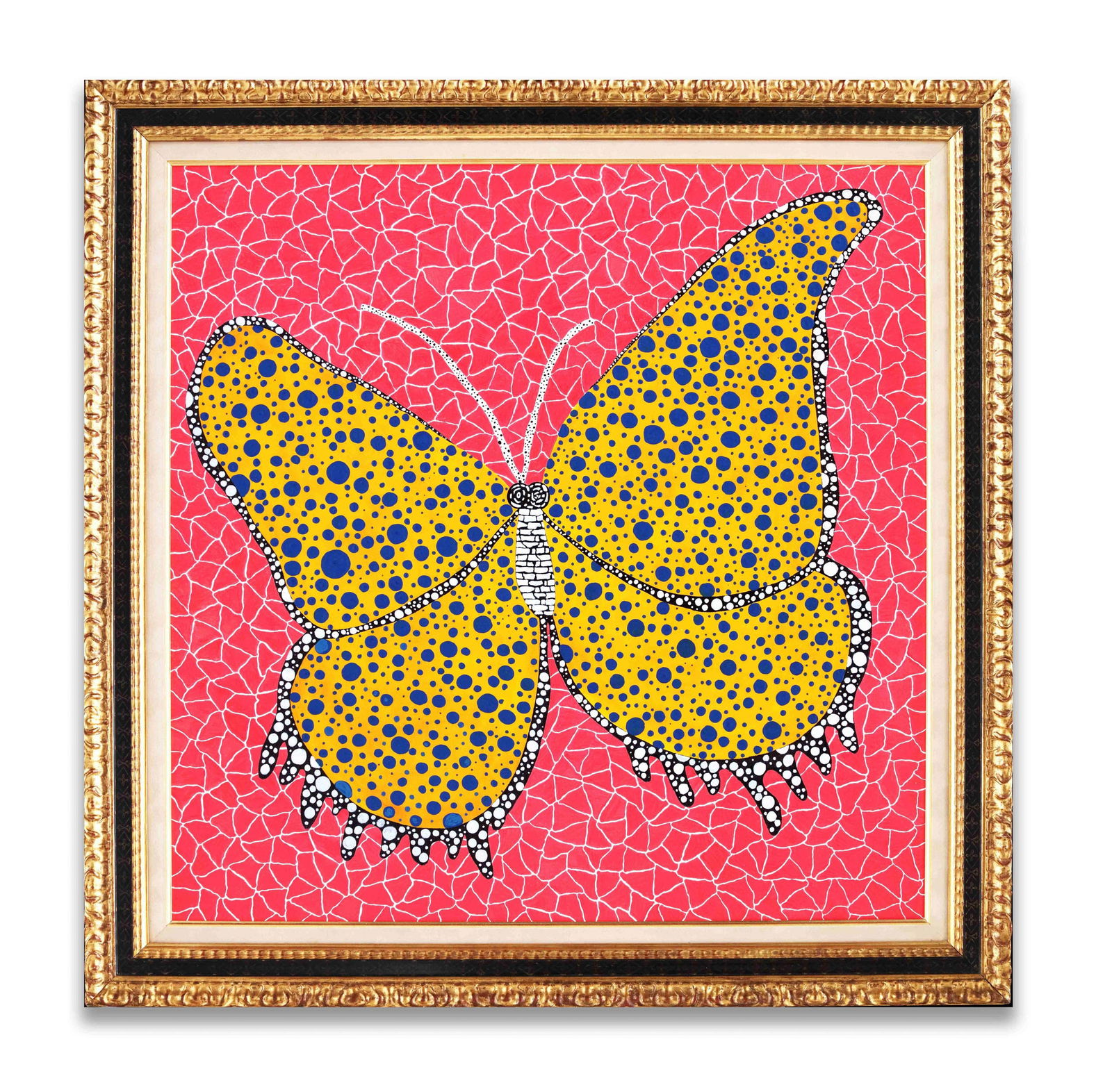 YAYOI KUSAMA (B. 1929), ATTRIBUTED TO, ACRYLIC ON CANVAS: The vibrant composition features a singular, symmetrical butterfly displaying its wings against a hypnotic background. The insect's wings are densely populated with black polka dots, while the