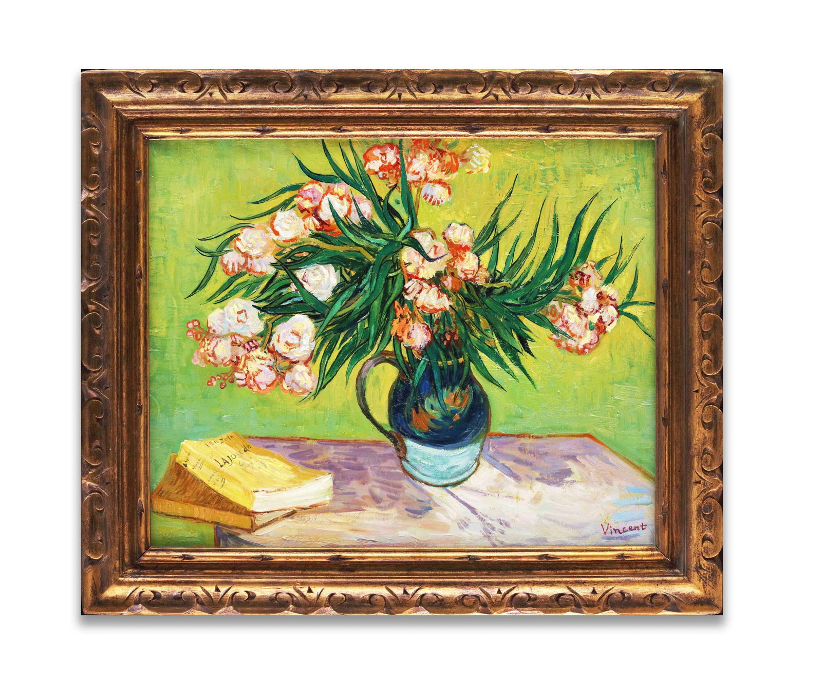 VINCENT VAN GOGH (1853-1890), ATTRIBUTED TO, OIL ON CANVAS: The composition features a bouquet of pink oleanders in a majolica jug, accompanied by two yellow novels on a lilac table. The thick impasto technique brings a sculptural quality to the flowers. The l