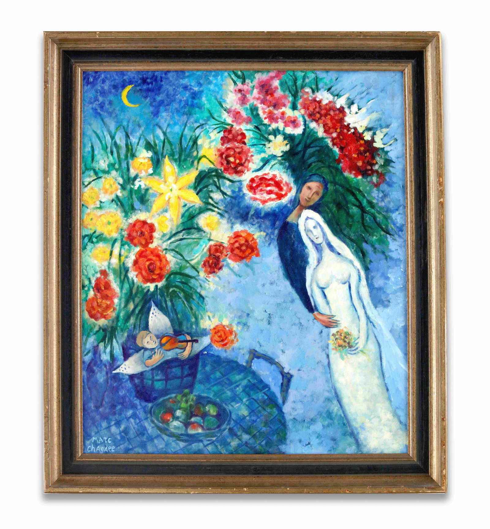 MARC CHAGALL (1887-1985), ATTRIBUTED TO, OIL ON CANVAS: Dominating the left of the composition is a monumental bouquet of flowers - red roses, yellow lilies, and white lilacs - erupting with light against a deep blue nocturnal background. Beside the vase r