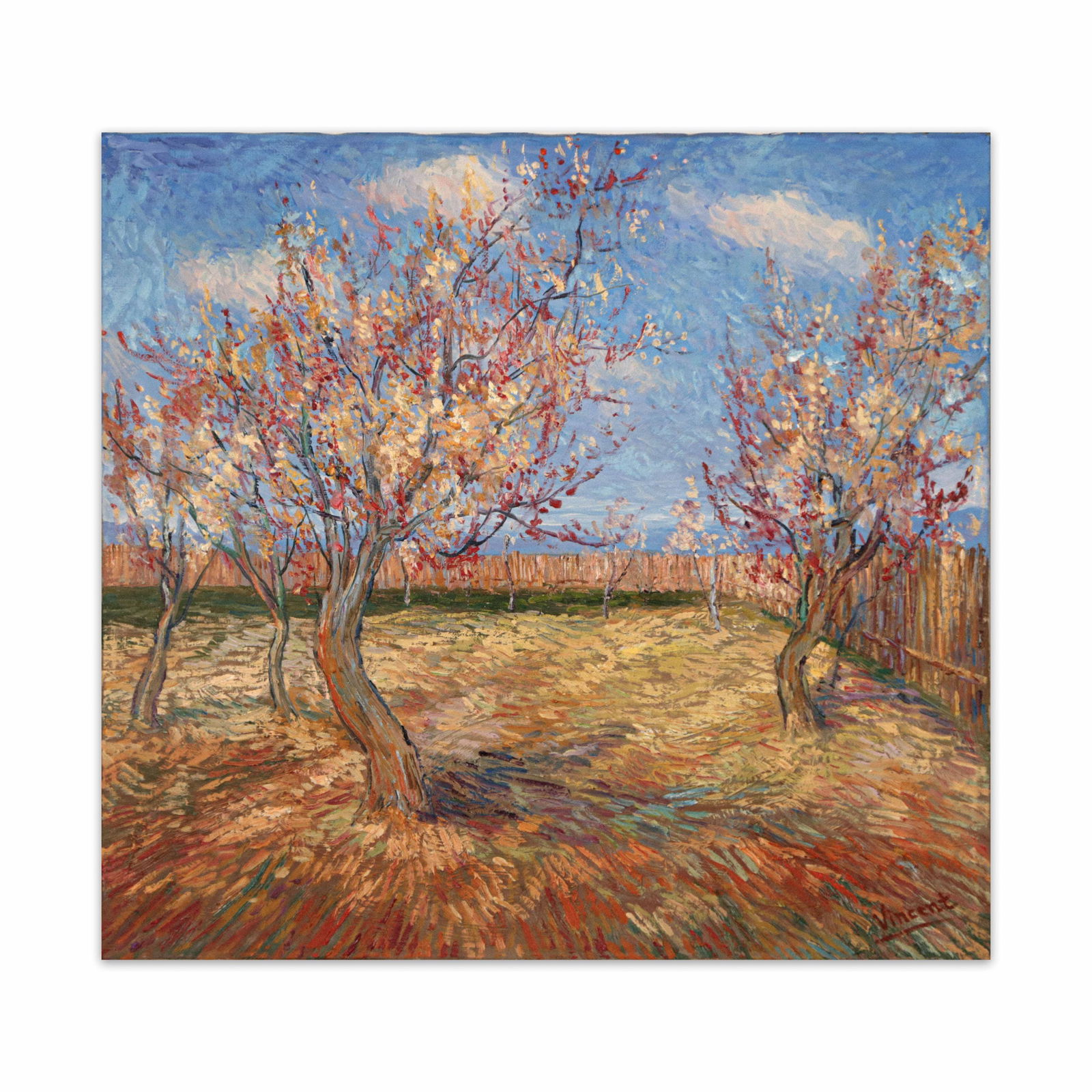 VINCENT VAN GOGH (1853-1890), ATTRIBUTED TO, OIL ON CANVAS: The composition depicts a blossoming orchard set beneath a luminous blue sky, with slender trees rendered in energetic, curving strokes. Vibrant touches of red, yellow, and white articulate the flower