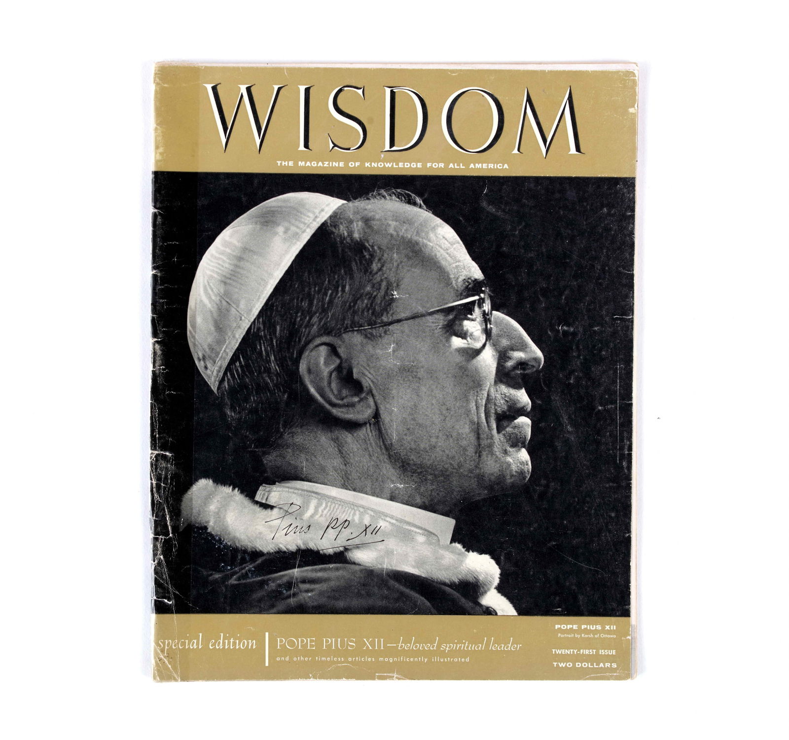MAGAZINE 'WISDOM' (1958) BEARING SIGNATURE: The 1958 issue of Wisdom Magazine (Volume 28). The cover bears a signature reading 'Pope Pius XII'. Note: Reigning from 1939 to 1958, Pius XII was a pivotal figure during the turbulent mid-20th centur