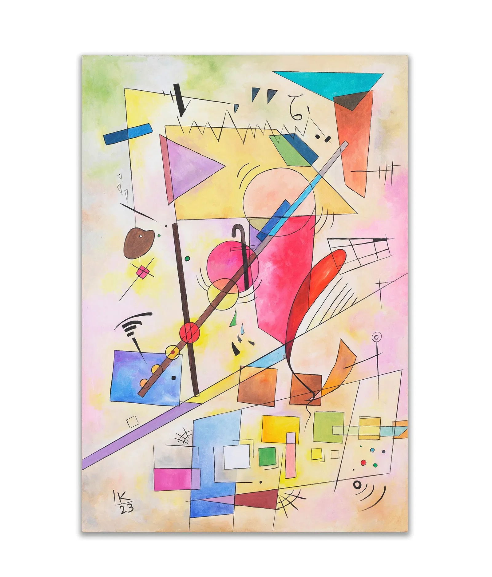 WASSILY KANDINSKY (1866-1944), ATTRIBUTED TO, OIL ON CANVAS: The composition utilizes an interplay of geometric forms, sweeping arcs, and bold color blocking to create an abstract visual symphony. The lower left bears a signature reading 'Kandinsky'. Dimensions