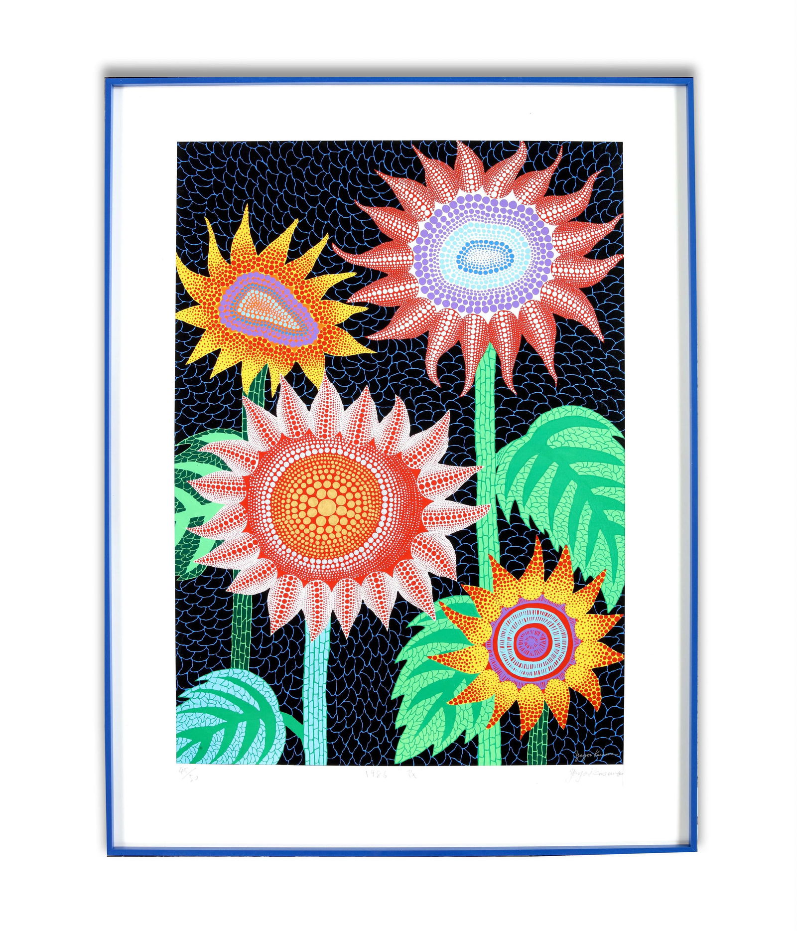 YAYOI KUSAMA (B.1929), ATTRIBUTED TO, SILKSCREEN PRINT: A silkscreen print utilizing repetitive motifs characteristic of the artist's conceptual approach. The lower margin bears a signature reading 'Yayoi Kusama'. Dimensions: Framed: 56.5 x 74.5 cm. All me