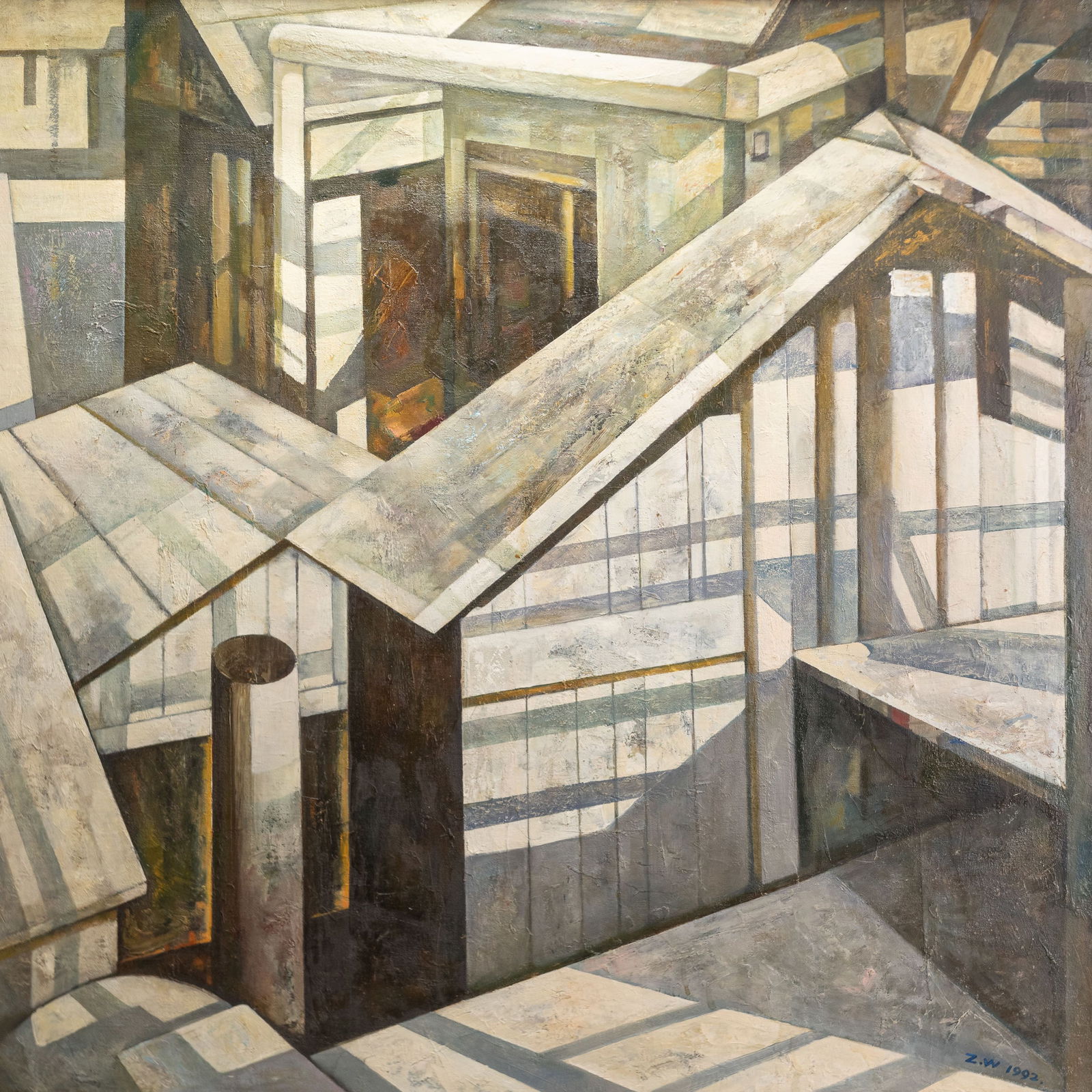 ZHU WEI (CHINESE, B. 1966), CUBIST STYLE WINTER HOME: Zhu Wei (Chinese, b. 1966), Cubist Style Winter Home, 1992, oil on canvas, signed and dated lower right, framed.Dimensions: Overall: 38.5"h x 29.5"w (97.79 x 74.93 cm)Condition: Wear consistent with