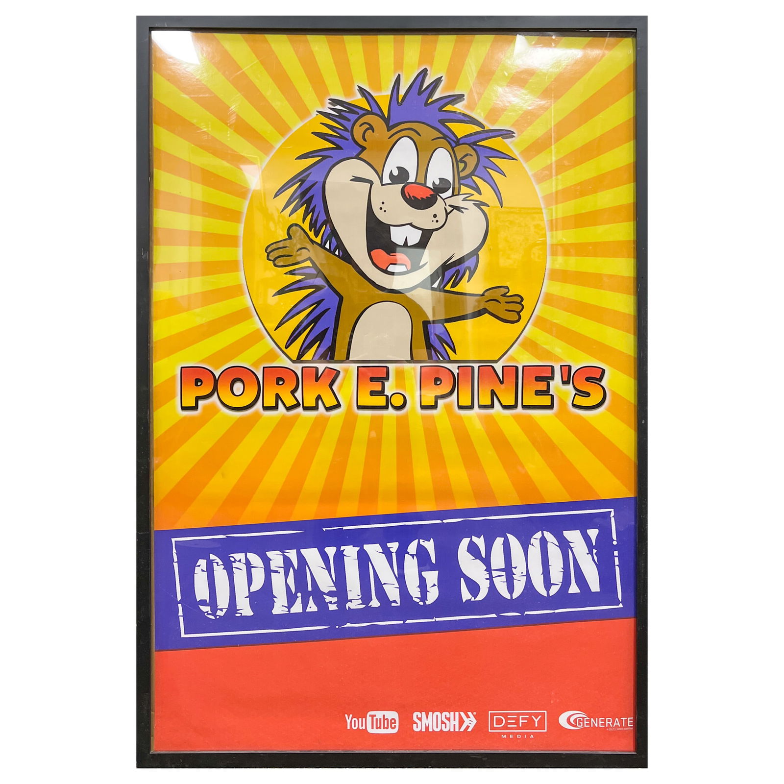 POSTER, PORK E. PINE'S: Pork E. Pine's Opening Soon, promotional poster, published by YouTube, Smosh, Defy Media, and Generate, unsigned.Dimensions: Image: 39.57" x 26.57"w (100.5 x 67.5 cm), overall (with frame): 41.1"h x