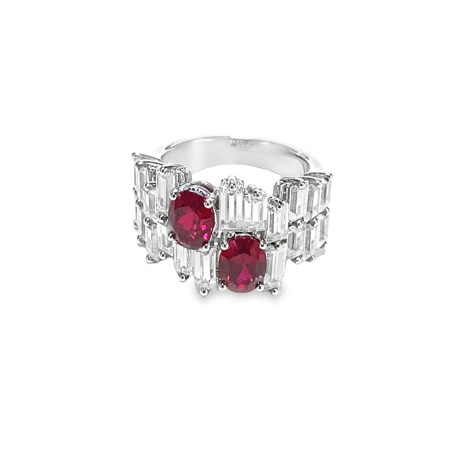 LAB-GROWN RUBY, DIAMOND AND STERLING SILVER RING: Lab-grown ruby, diamond and sterling silver ring. Size: 5.75 2.22 carats