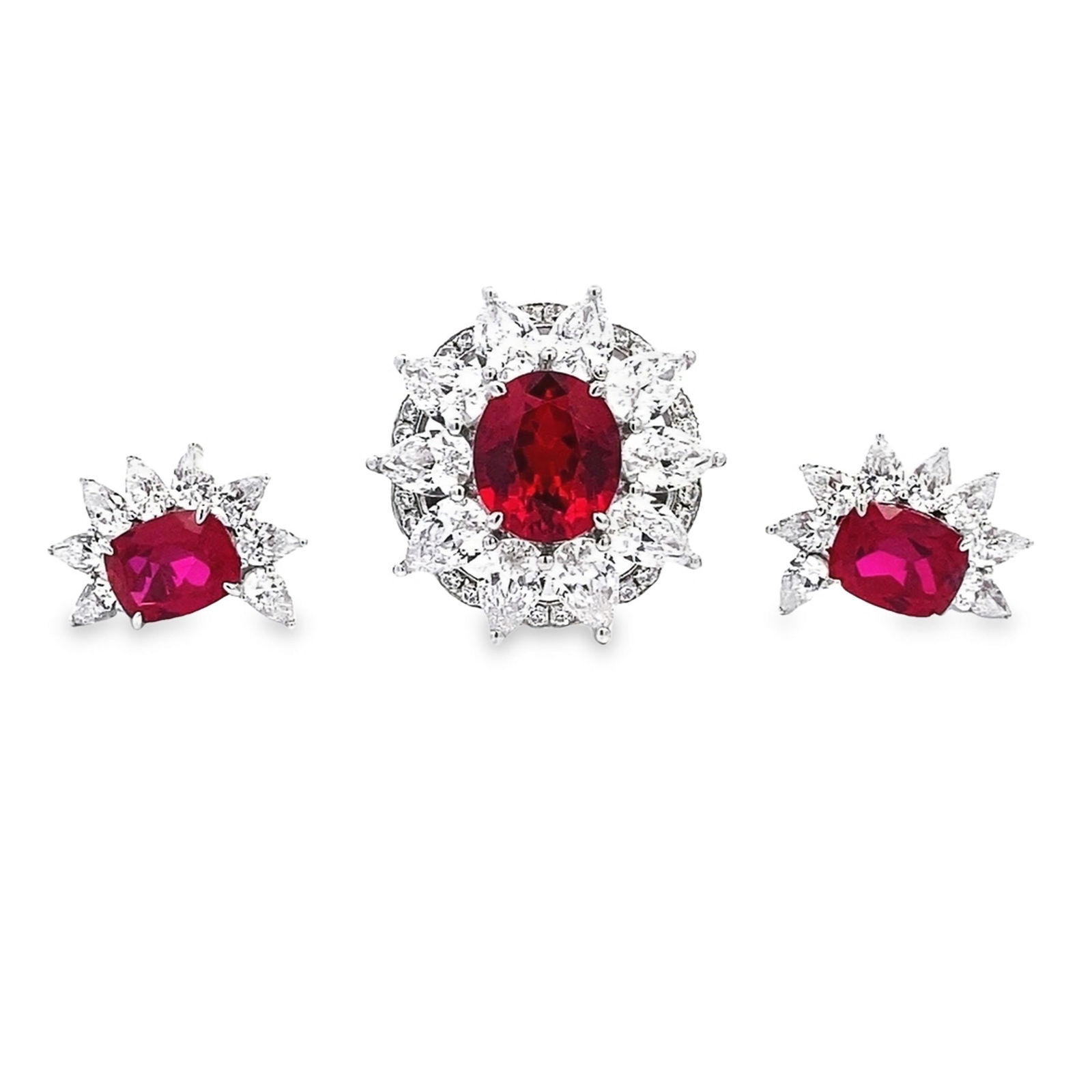 LOT OF 3, LAB-GROWN RUBY, DIAMOND AND STERLING SILVER RING AND EARRINGS: (Lot of 3) Lab-grown ruby and diamond ring and a pair of earrings over sterling silver.Dimensions: Size 7Weight: 6.54 carats