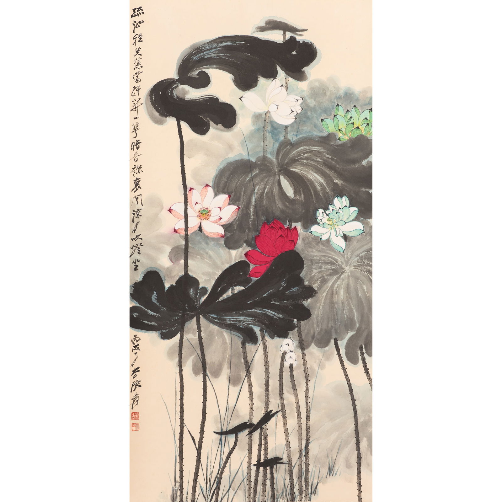 ATTRIBUTED TO ZHANG DAQIAN (1898-1983), LOTUS: Attributed to Zhang Daqian (1898-1983), Lotus. Ink and color on paper, mounted as a hanging scroll.Dimensions: 39"h x 19.4"w (99 x 49 cm)