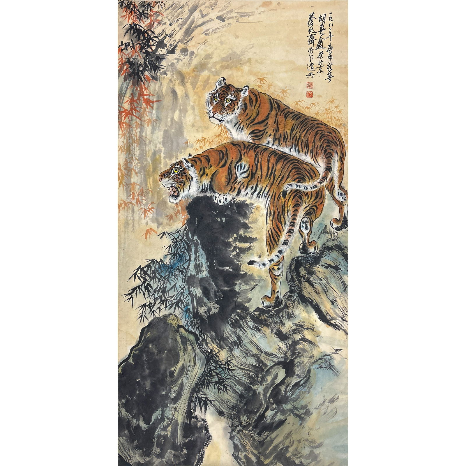 AFTER HU SHUANGAN (1916-1988), CHINESE PAINTING OF TWO TIGERS: After Hu Shuangan (1916-1988), Chinese painting of two tigers, ink and color on paper, mounted as a hanging scroll.Dimensions: Image: 52.36" x 26.18"w (133 x 66.5 cm)