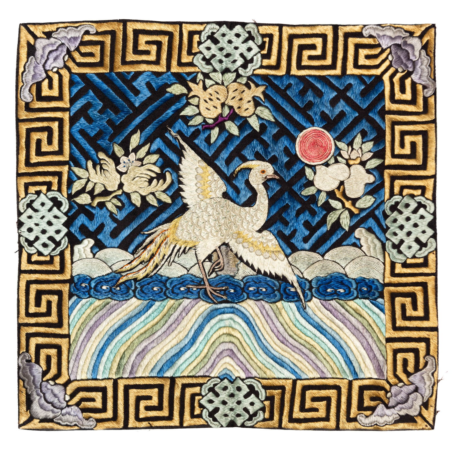 CHINESE OFFICIAL'S RANKING BADGE, QING DYNASTY: Chinese official's ranking badge, Qing dynasty.Dimensions: 10.04"h x 10.04"w (25.5 x 25.5 cm)