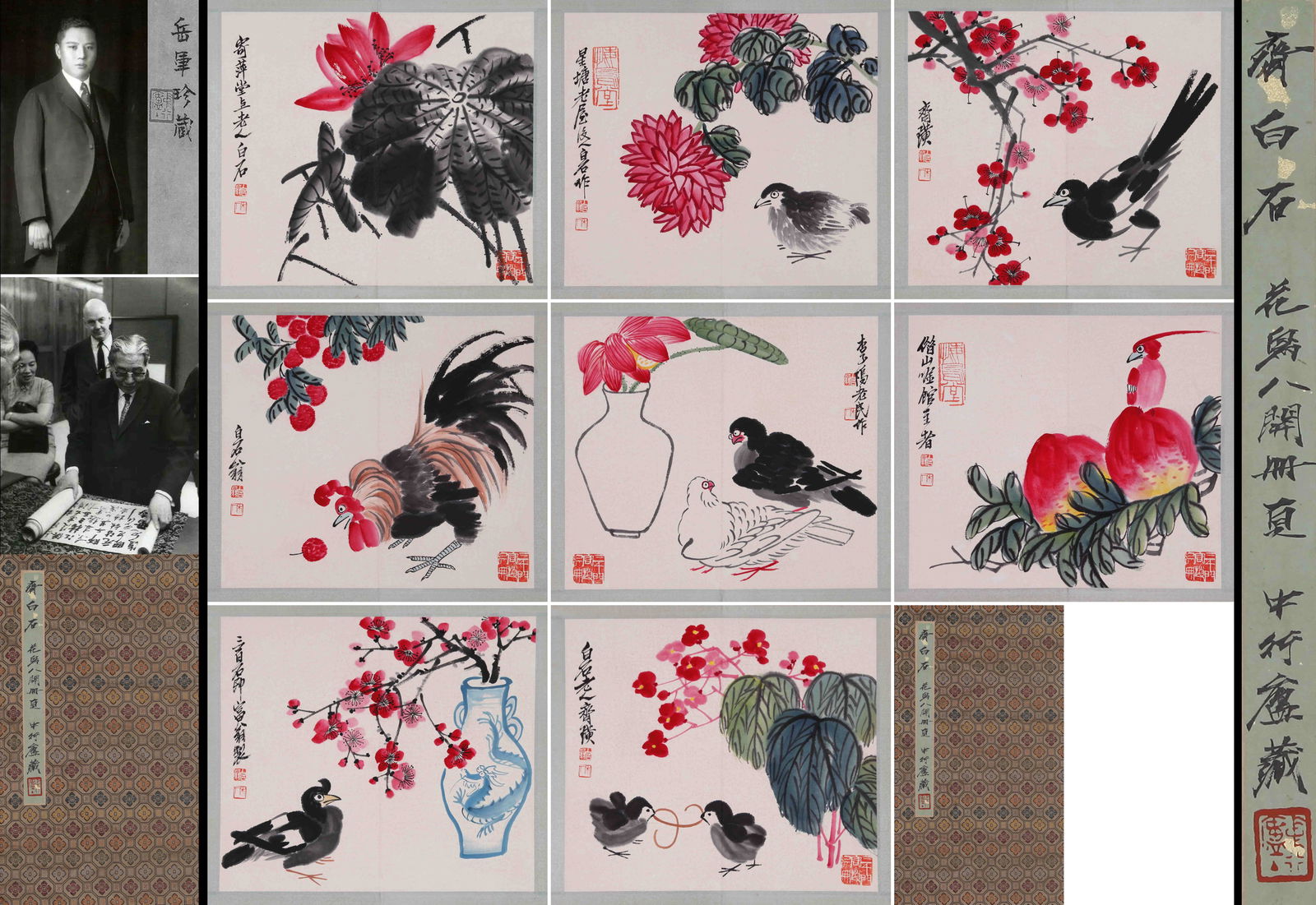 QI BAISHI (CHI PAI-SHIH), ATTRIBUTED TO, FLOWERS AND BIRDS, ALBUM LEAVES: Attributed to Qi Baishi (Chi Pai-shih). Flowers and Birds. Ink and color on paper, album leaves (8).33 x 38 cm (8).Condition: Creases and stains on the mounting and the painting.Note: By repute, from