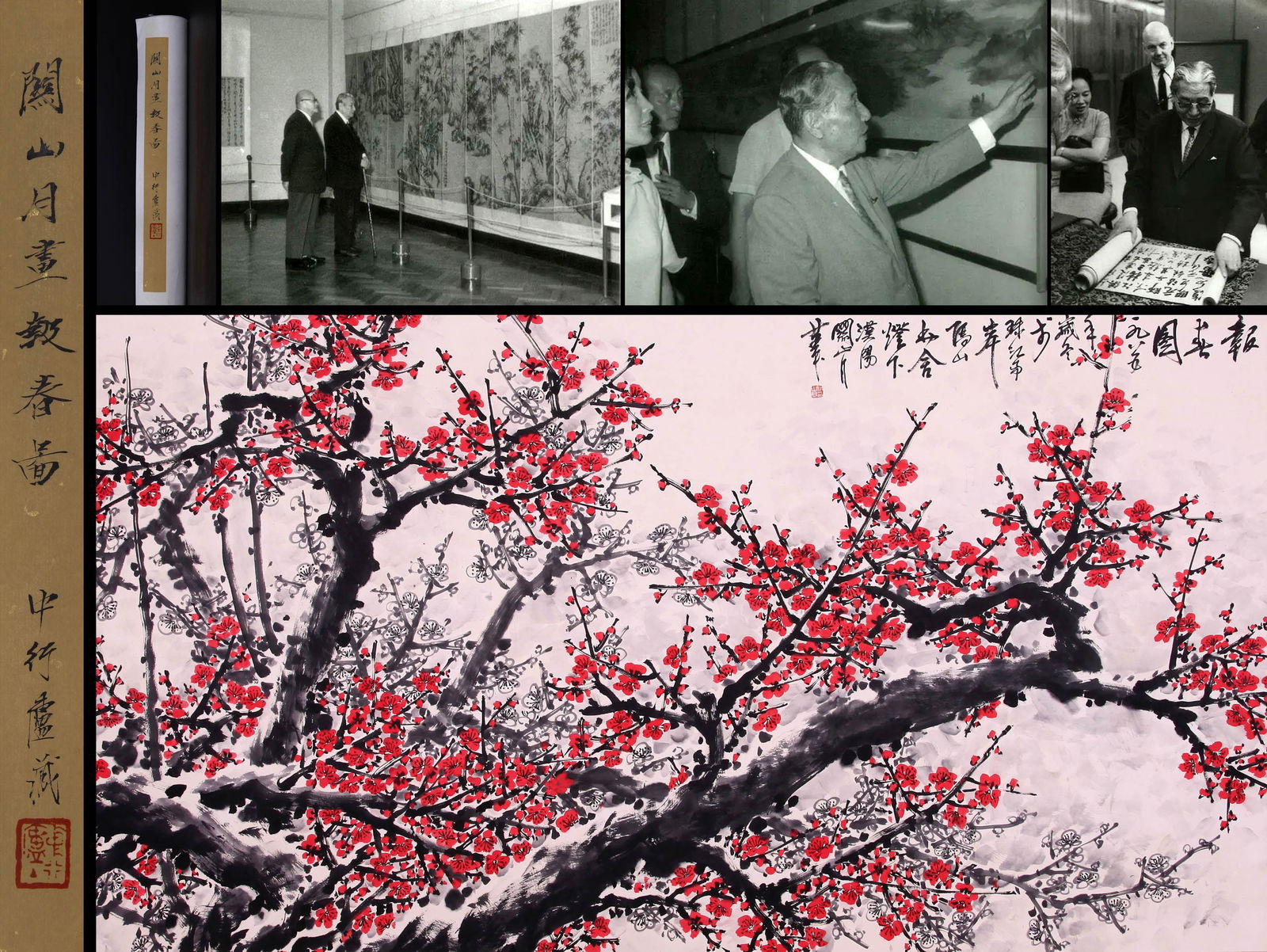 GUAN SHANYUE, ATTRIBUTED TO, PLUM BLOSSOMS, MOUNTED FOR FRAMING: Attributed to Guan Shanyue. Plum Blossoms Announcing Spring (Bao Chun Tu). Ink and color on paper, mounted for framing.96 x 177 cm.Condition: Creases, stains and yellow spots on the mounting and the