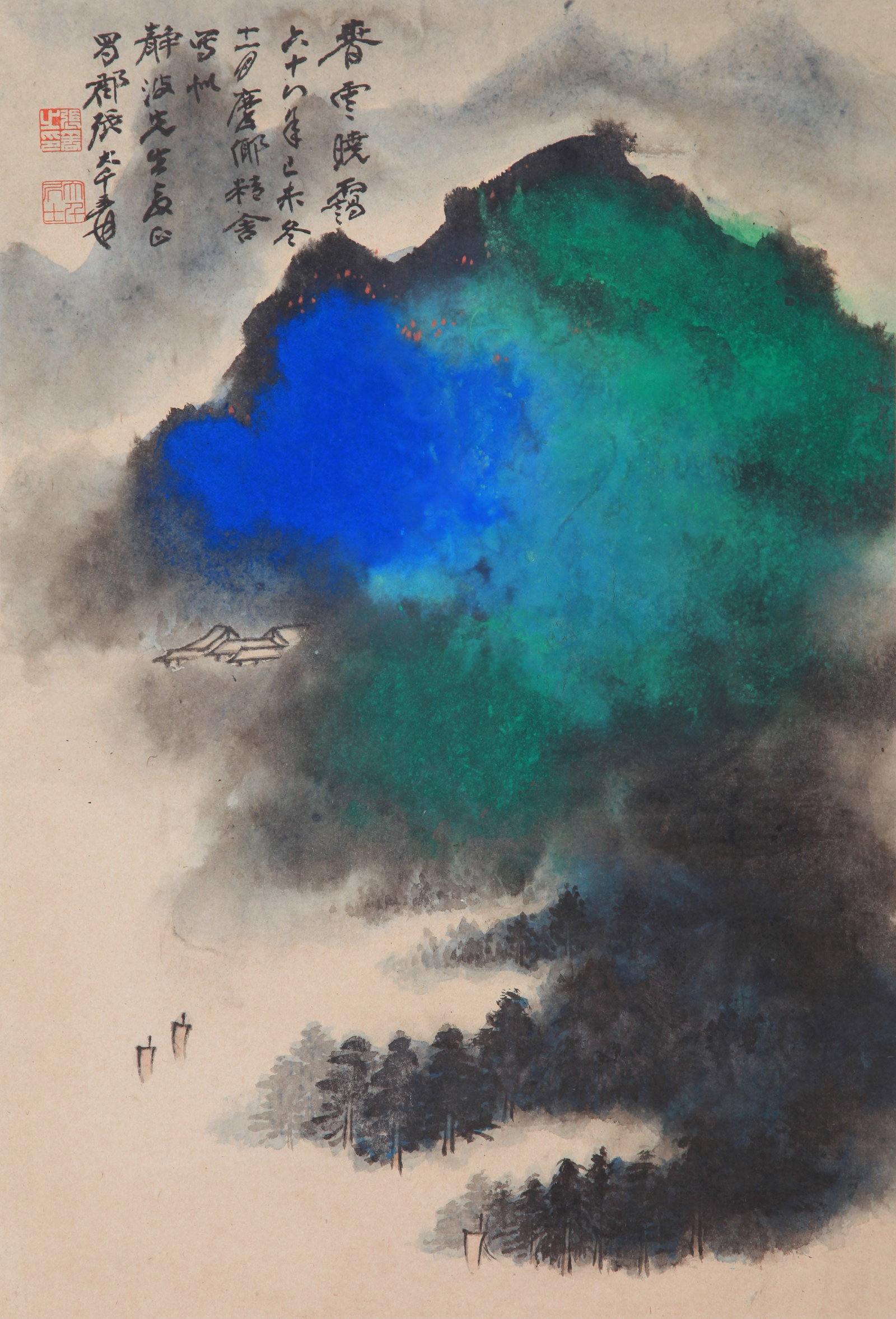ZHANG DAQIAN (CHANG DAI-CHIEN), ATTRIBUTED TO, SPRING CLOUDS, HANGING SCROLL: Attributed to Zhang Daqian (Chang Dai-chien). Spring Clouds. Ink and color on paper, hanging scroll. 63 x 43 cm. Condition: Creases, yellow spots and stains on the mounting and the painting; water sta