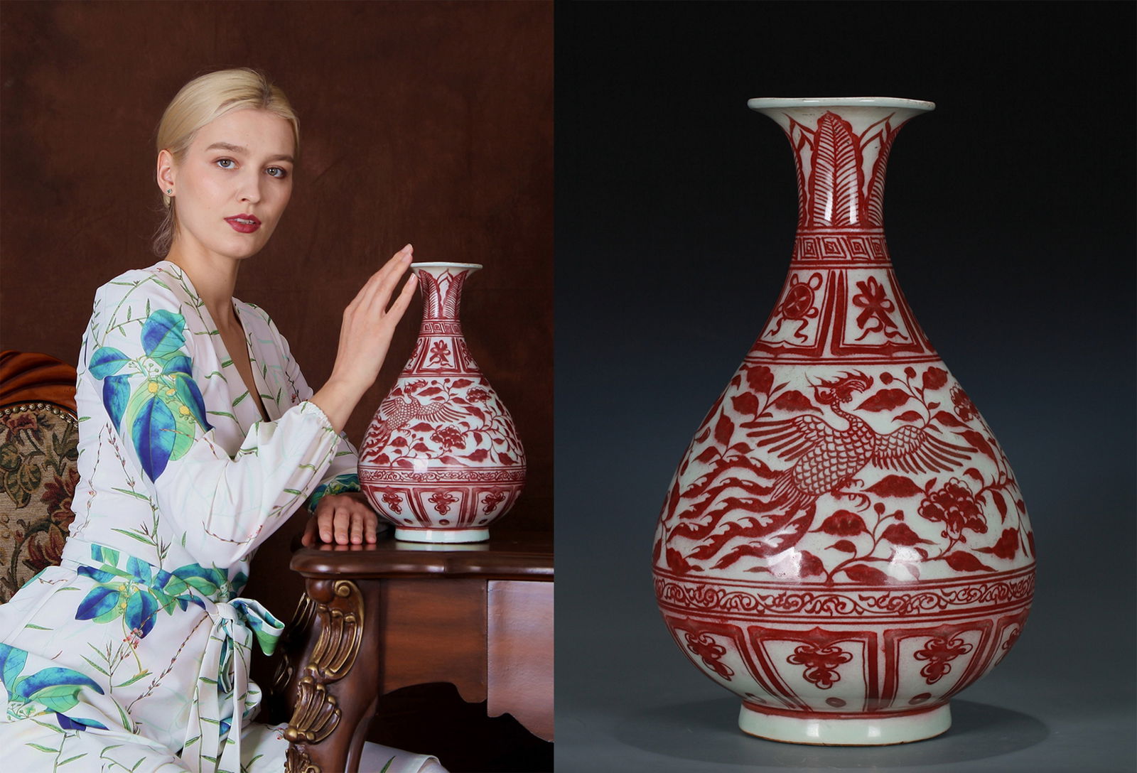 AN UNDERGLAZE RED YUHUCHUN VASE: An underglaze red Yuhuchun vase decorated with peony and phoenix design.Height 34 cm.Note: By repute, from a Grandfather's collection of Asian Art.