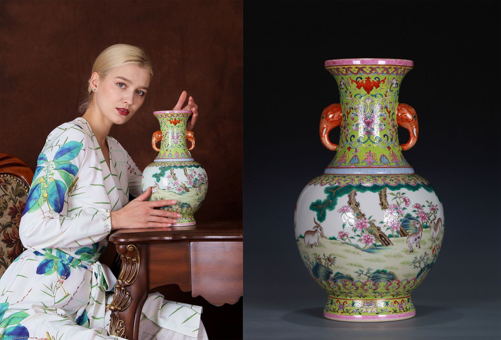 A FAMILLE-ROSE VASE: A famille-rose vase with elephant handles.Height 30 cm.Note: By repute, from a Grandfather's collection of Asian Art.