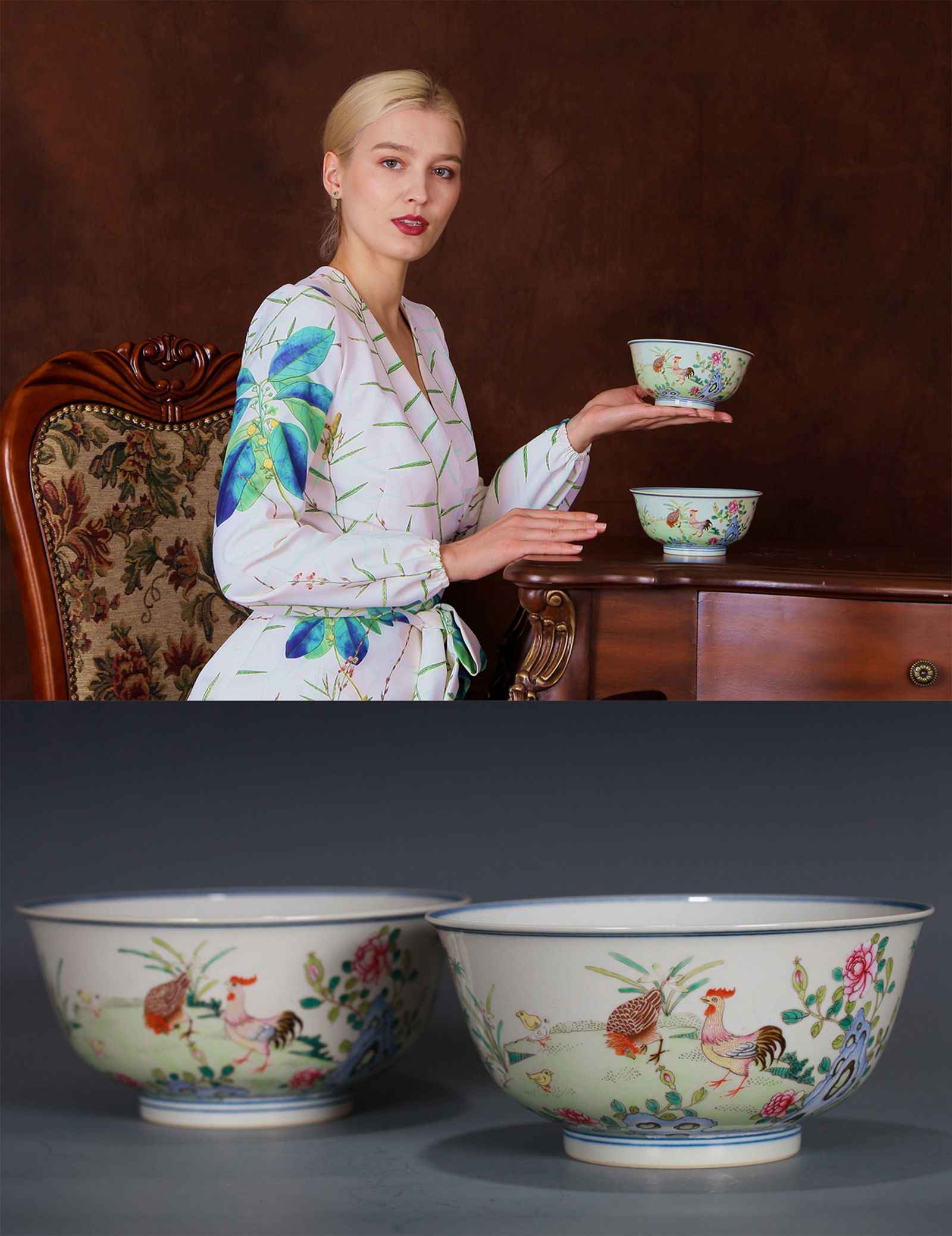 A PAIR OF DOUCAI BOWLS: A pair of Doucai 'Chicken' bowls.Diameter 15 cm, Height 7 cm.Note: By repute, from a Grandfather's collection of Asian Art.