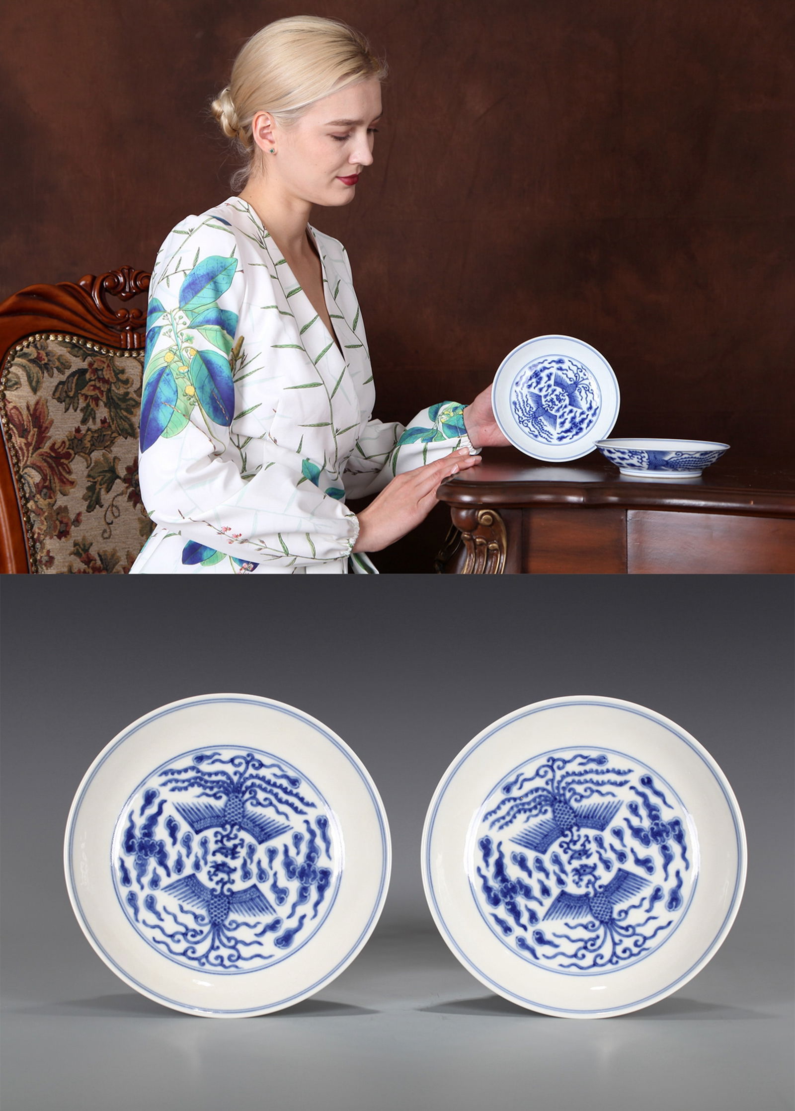 A PAIR OF BLUE AND WHITE DISHES: A pair of blue and white dishes decorated with phoenix design.Diameter 16 cm.Note: By repute, from a Grandfather's collection of Asian Art.