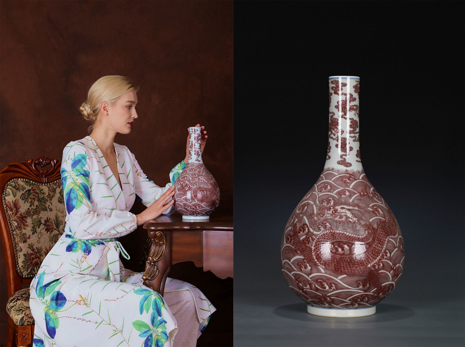 AN UNDERGLAZE RED BOTTLE VASE: An underglaze red bottle vase decorated with dragon design.Height 36 cm.Note: By repute, from a Grandfather's collection of Asian Art.