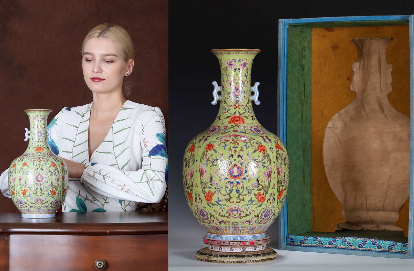 A TURQUOISE-GROUND FAMILLE-ROSE VASE: A turquoise-ground famille-rose vase with double handles, decorated with interlocking flowers.Height 30 cm.Note: By repute, from a Grandfather's collection of Asian Art.