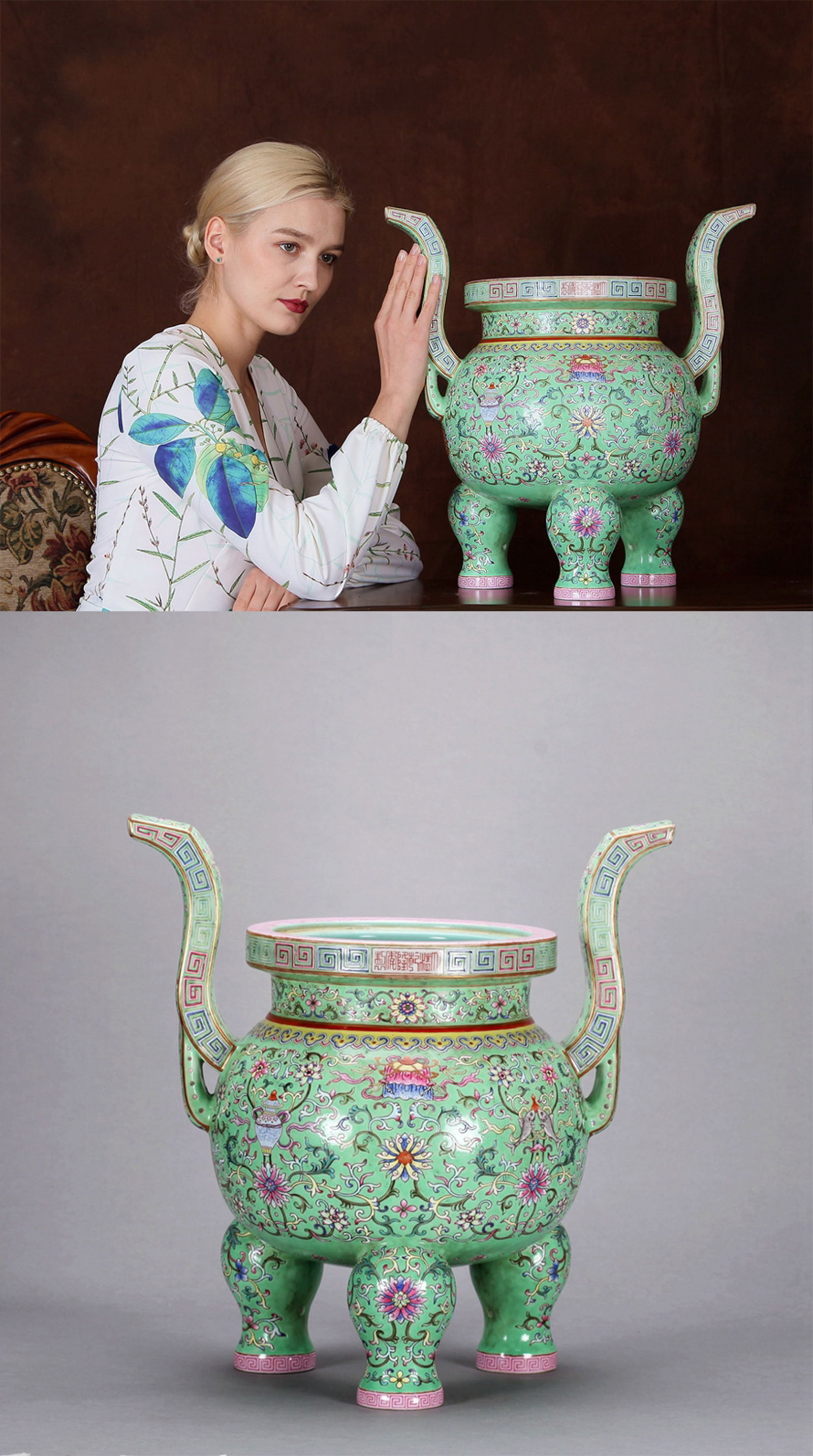 A GREEN-GROUND FAMILLE-ROSE CENSER: A large green-ground famille-rose censer with upright ear handles, decorated with lotus and Eight Buddhist Emblems.Height 47 cm.Note: By repute, from a Grandfather's collection of Asian Art.