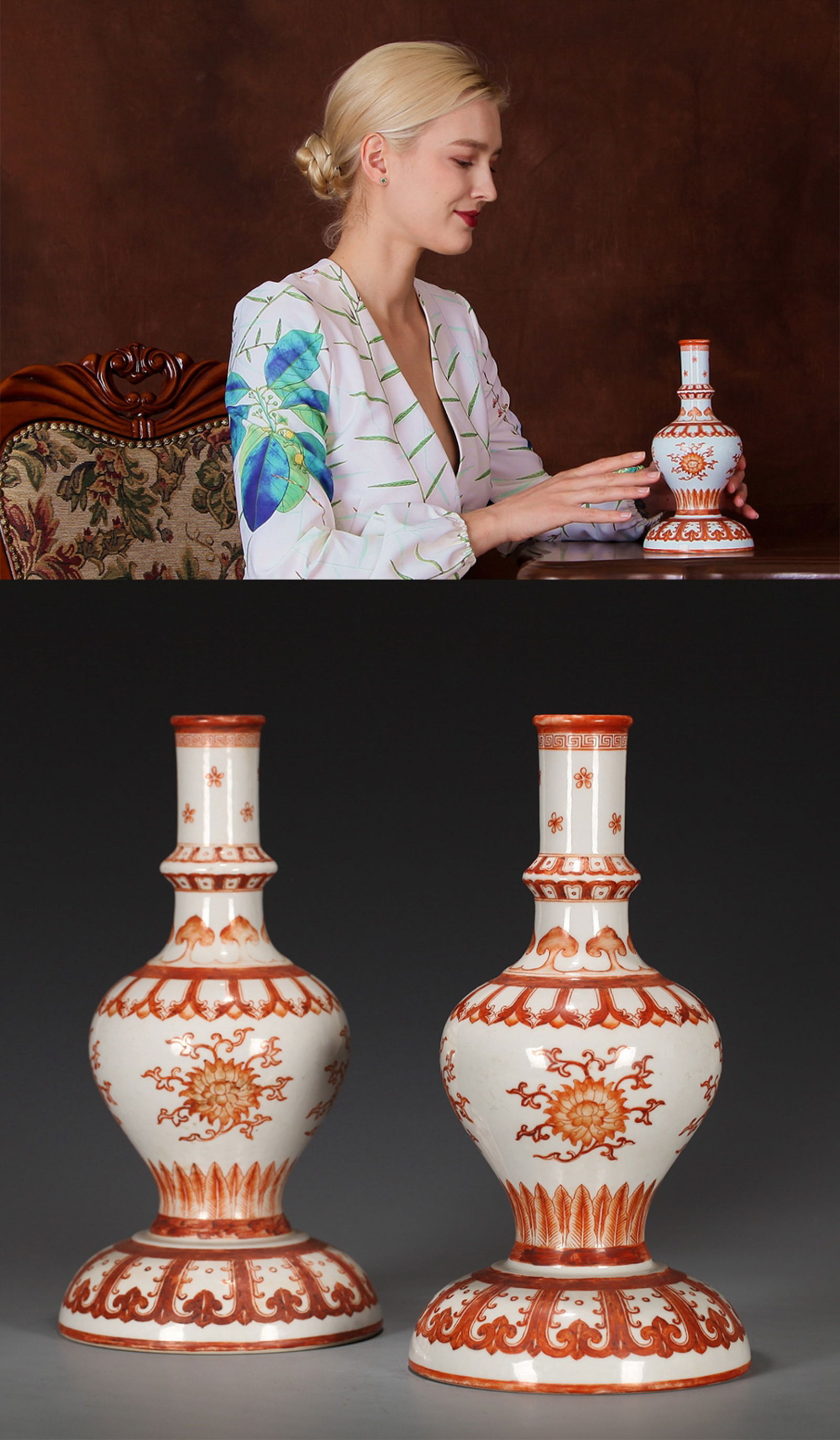 A PAIR OF IRON-RED BEMBA EWERS: A pair of iron-red Bemba ewers (Zang Cao Ping).Height 22 cm.Note: By repute, from a Grandfather's collection of Asian Art.